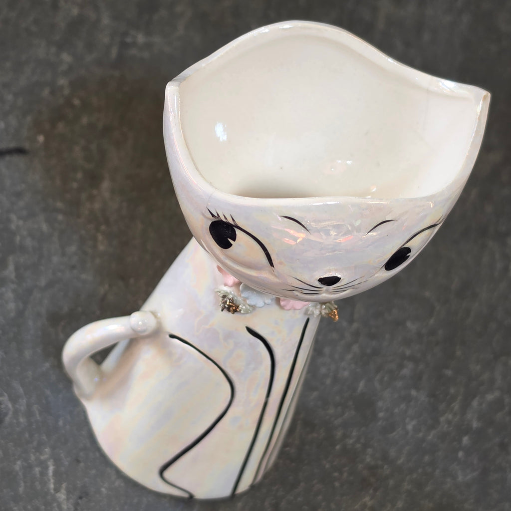 Vintage Lefton Iridescent Lusterware Cat Vase Planter Floral Collar Japan MCM