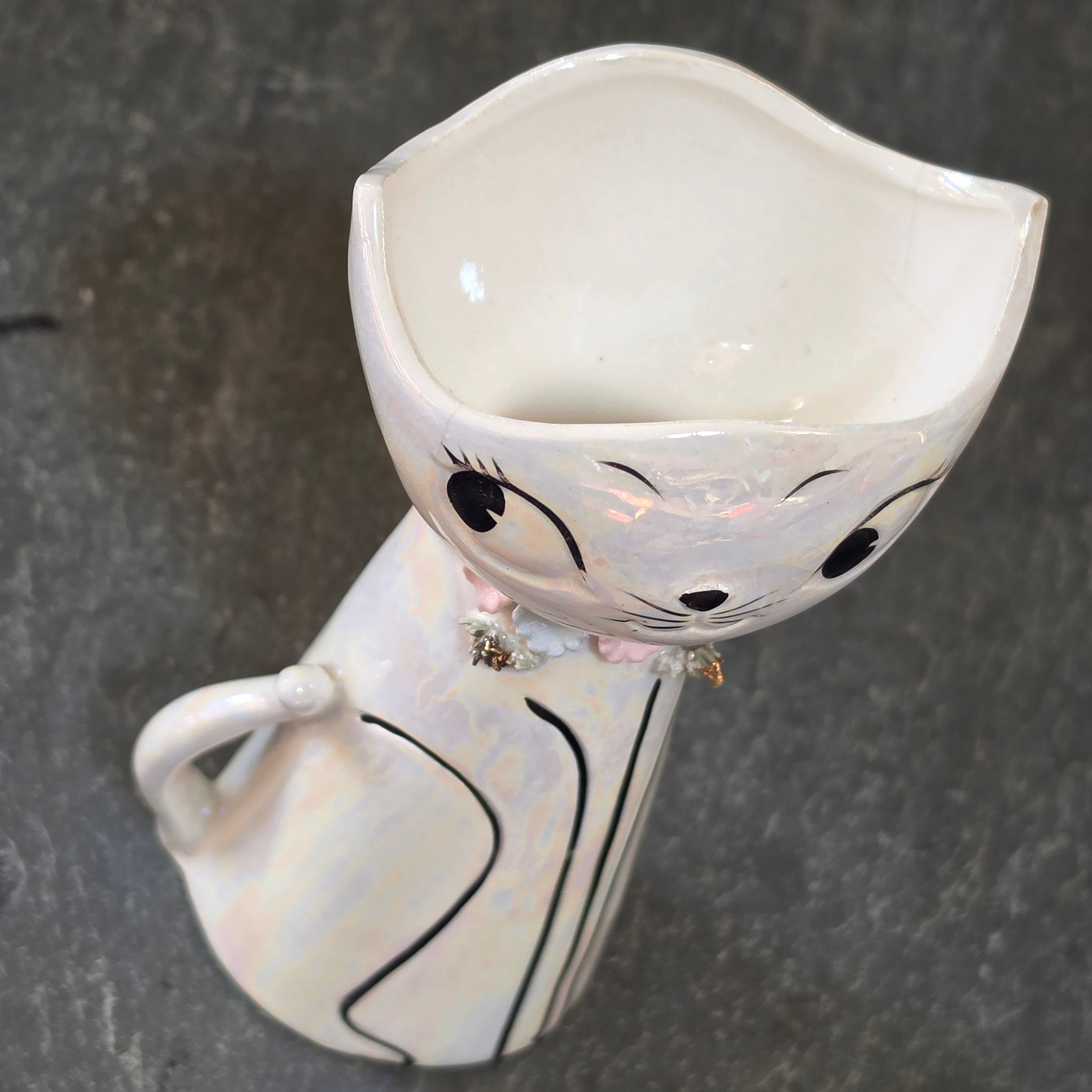 Vintage Lefton Iridescent Lusterware Cat Vase Planter Floral Collar Japan MCM