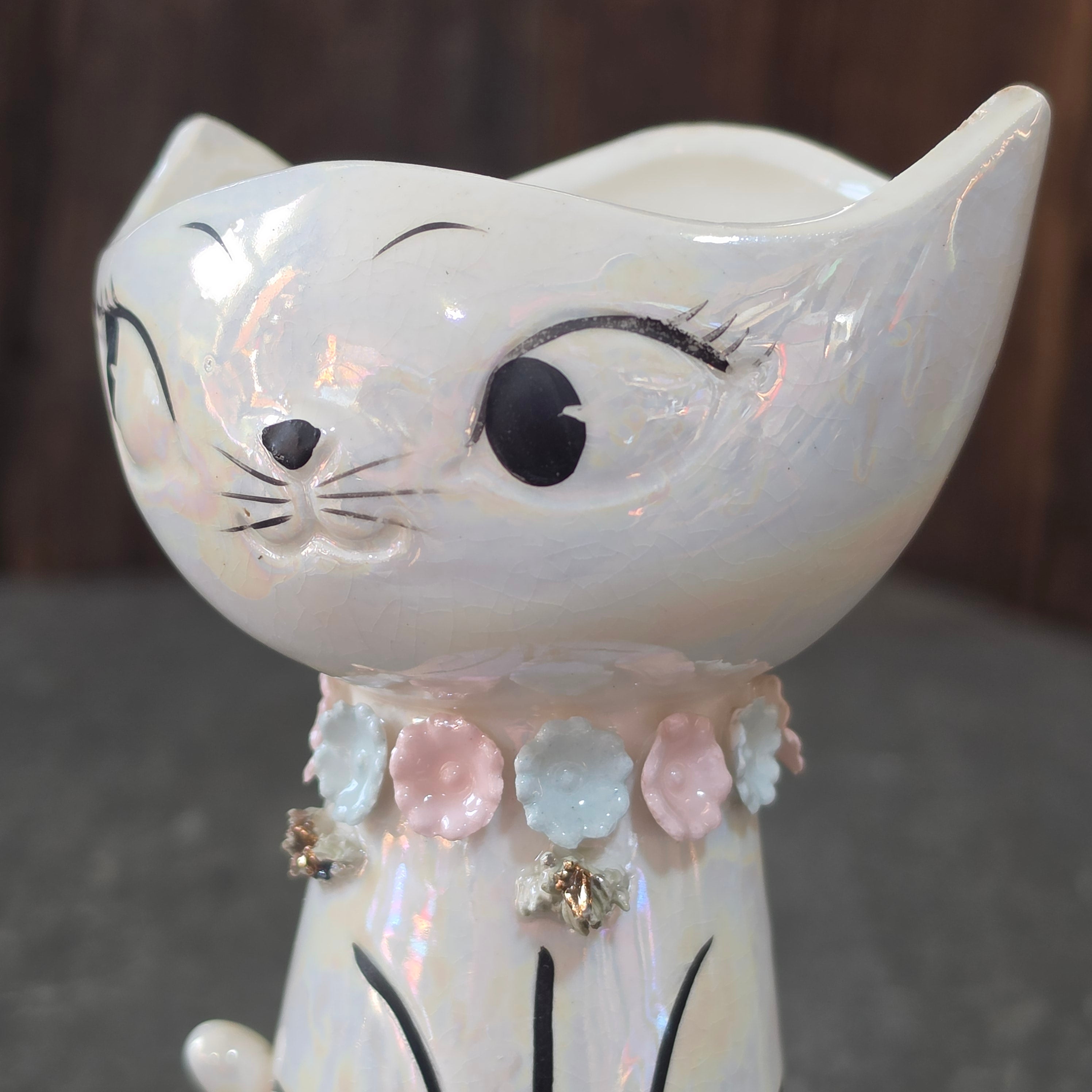Vintage Lefton Iridescent Lusterware Cat Vase Planter Floral Collar Japan MCM