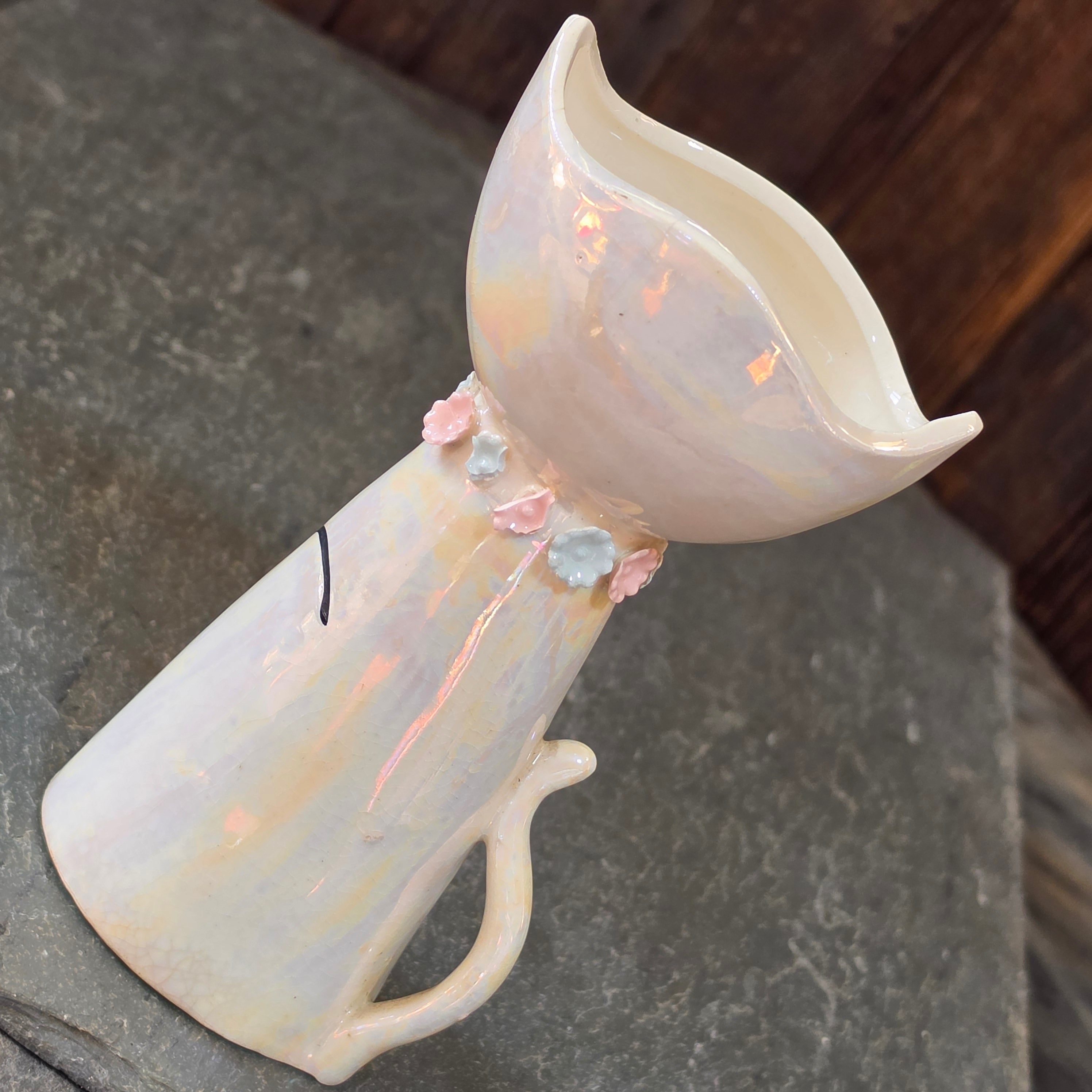 Vintage Lefton Iridescent Lusterware Cat Vase Planter Floral Collar Japan MCM