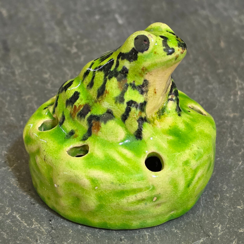 Vintage 1920s McCoy Pottery Green Spotted Figural Frog Flower Frog Vase Insert