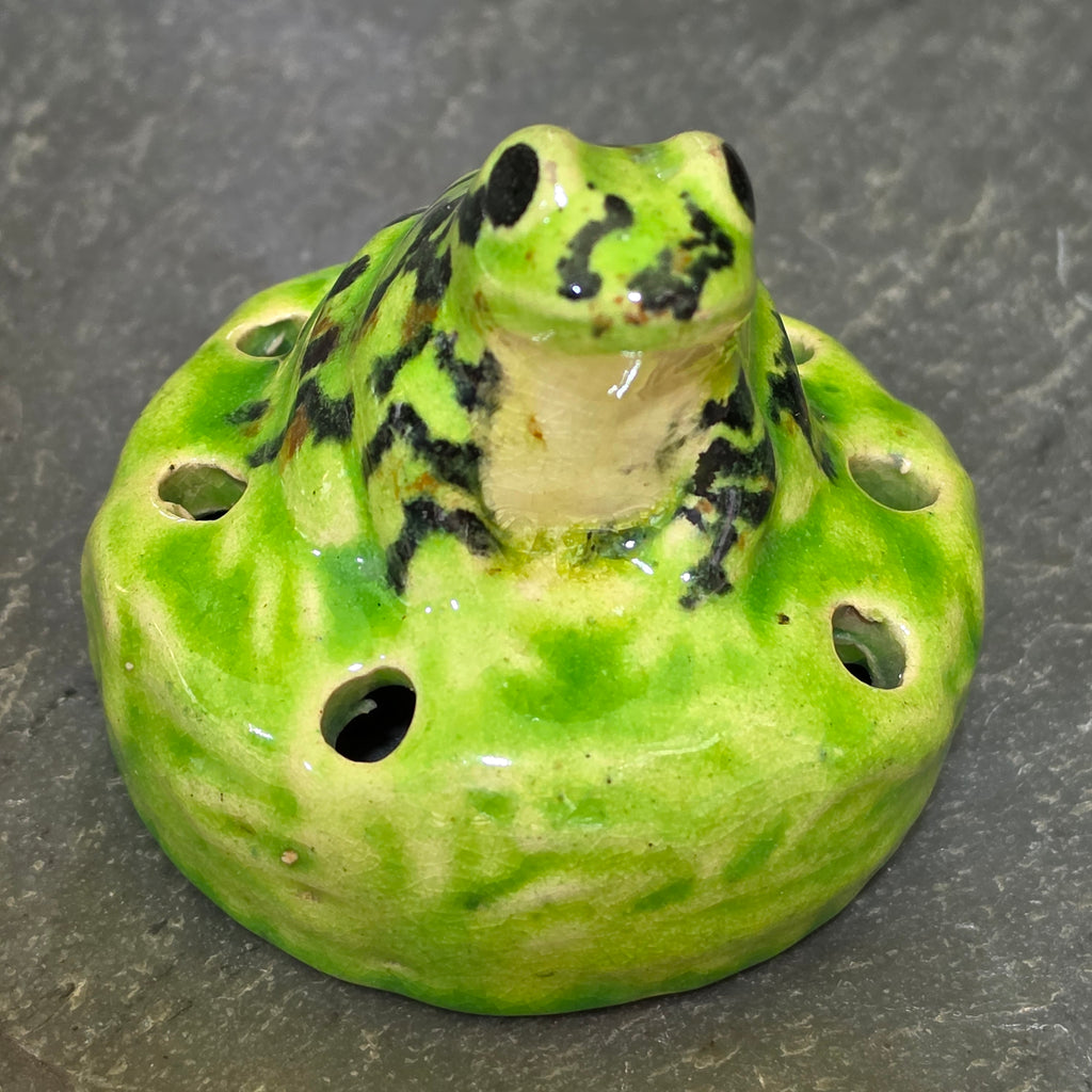 Vintage 1920s McCoy Pottery Green Spotted Figural Frog Flower Frog Vase Insert