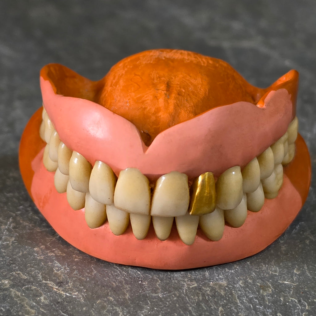 Vintage Mid Century Full Set Dentures Gold Tooth Crown Oddity Medical Display