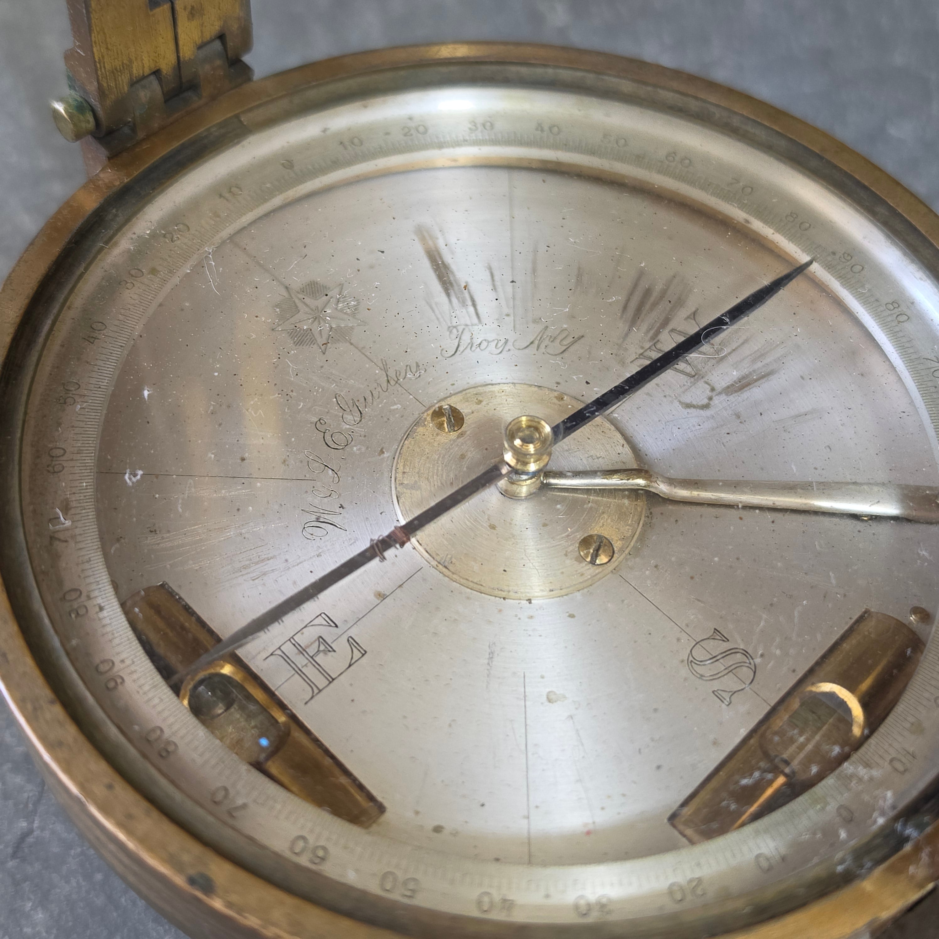 Antique W LE Gurley Troy NY Brass Surveyor Compass Transit Folding Sights 19thC