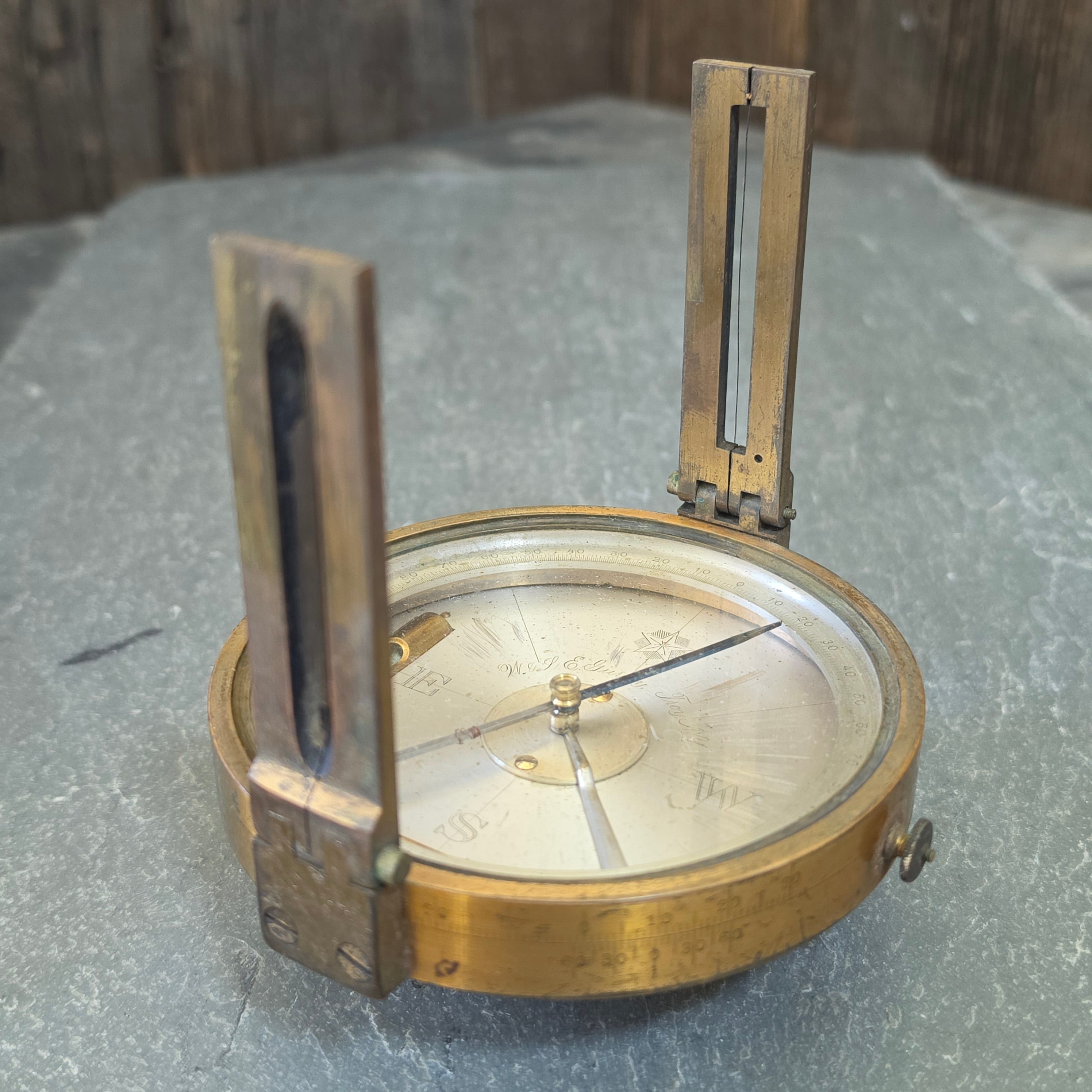 Antique W LE Gurley Troy NY Brass Surveyor Compass Transit Folding Sights 19thC