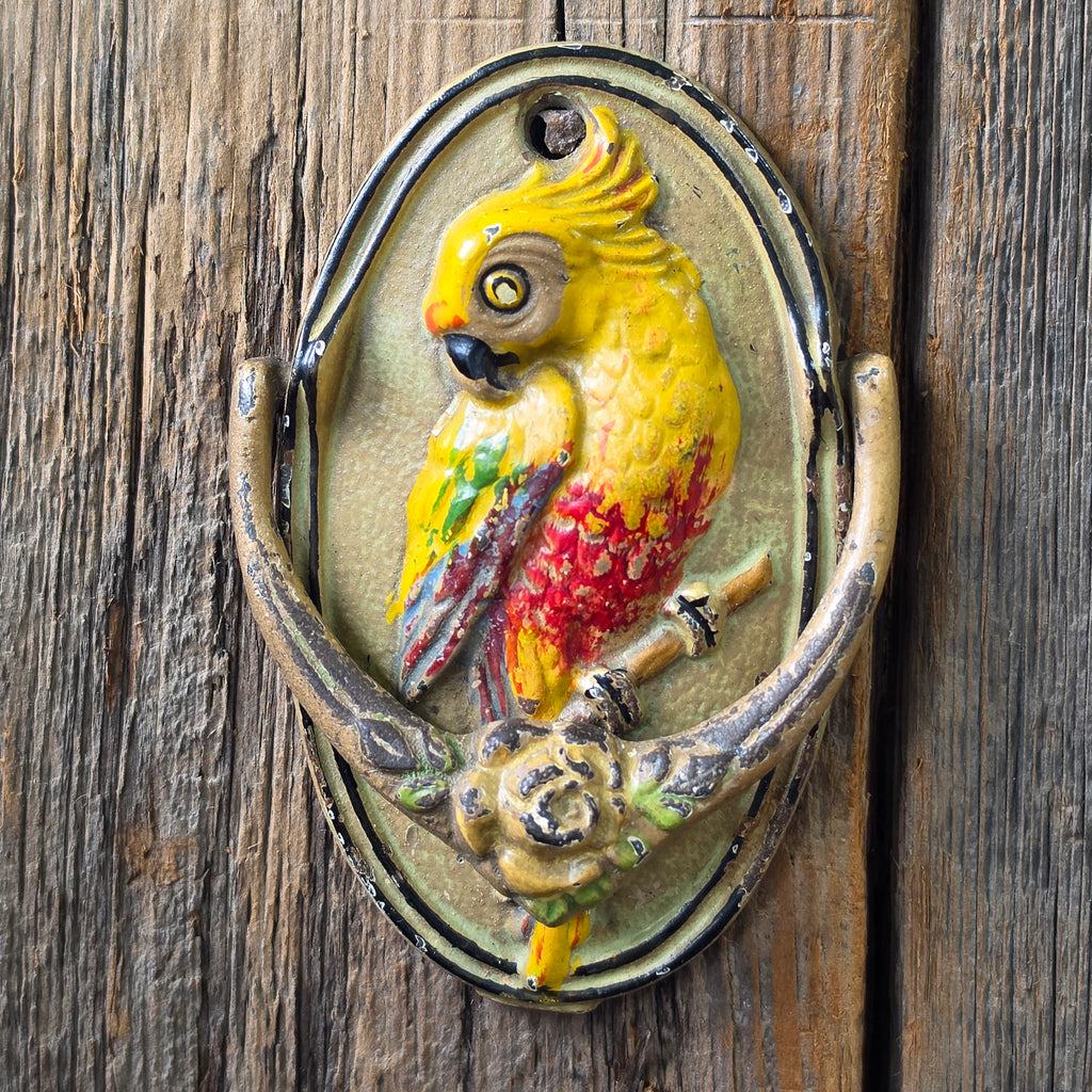 Antique Cast Iron Parrot Door Knocker Polychrome Bird Articulated Floral striker