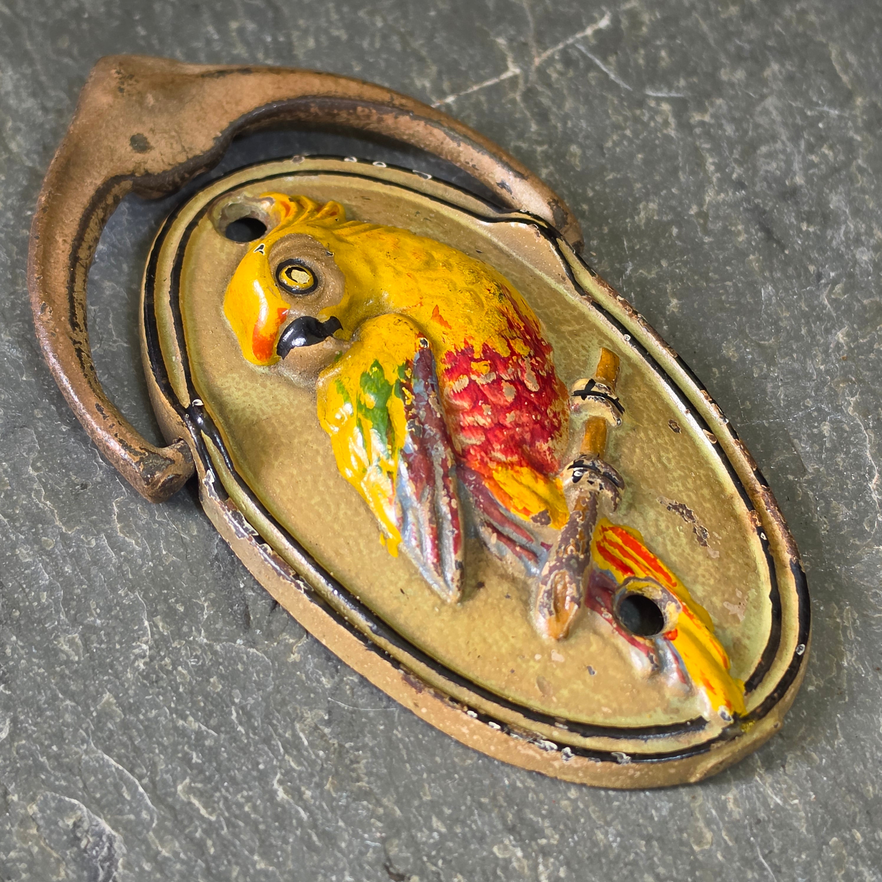 Antique Cast Iron Parrot Door Knocker Polychrome Bird Articulated Floral striker