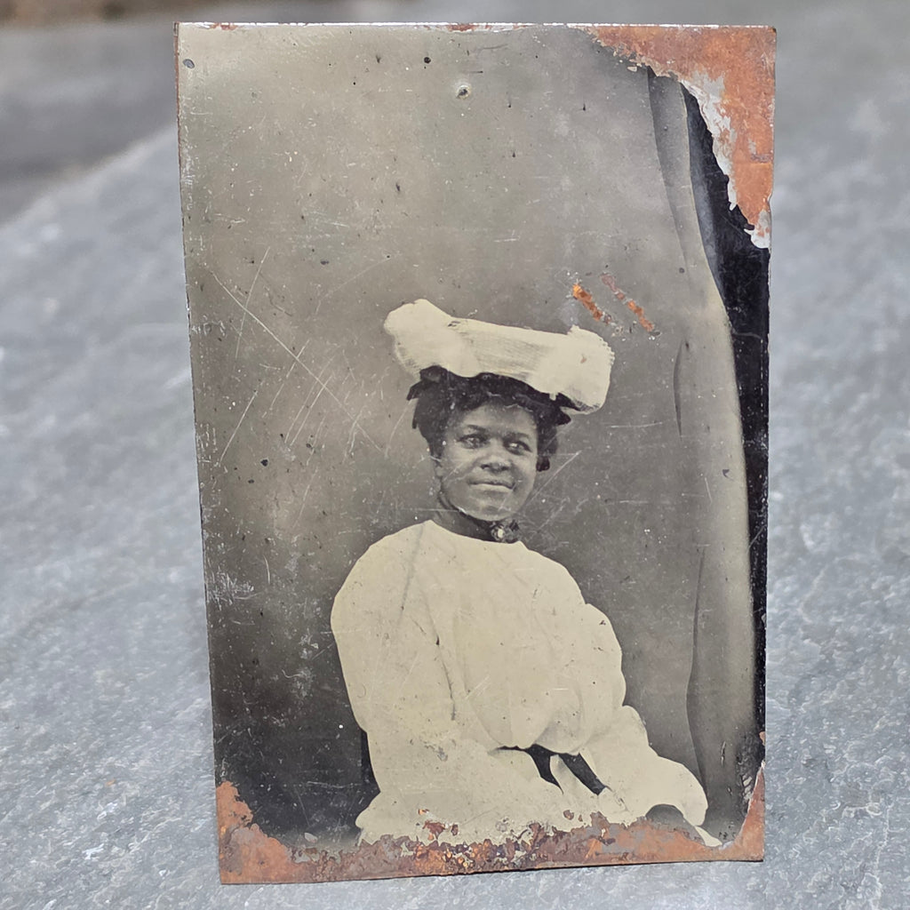 Antique Victorian African American Woman Large Hat Tintype Photo Black History