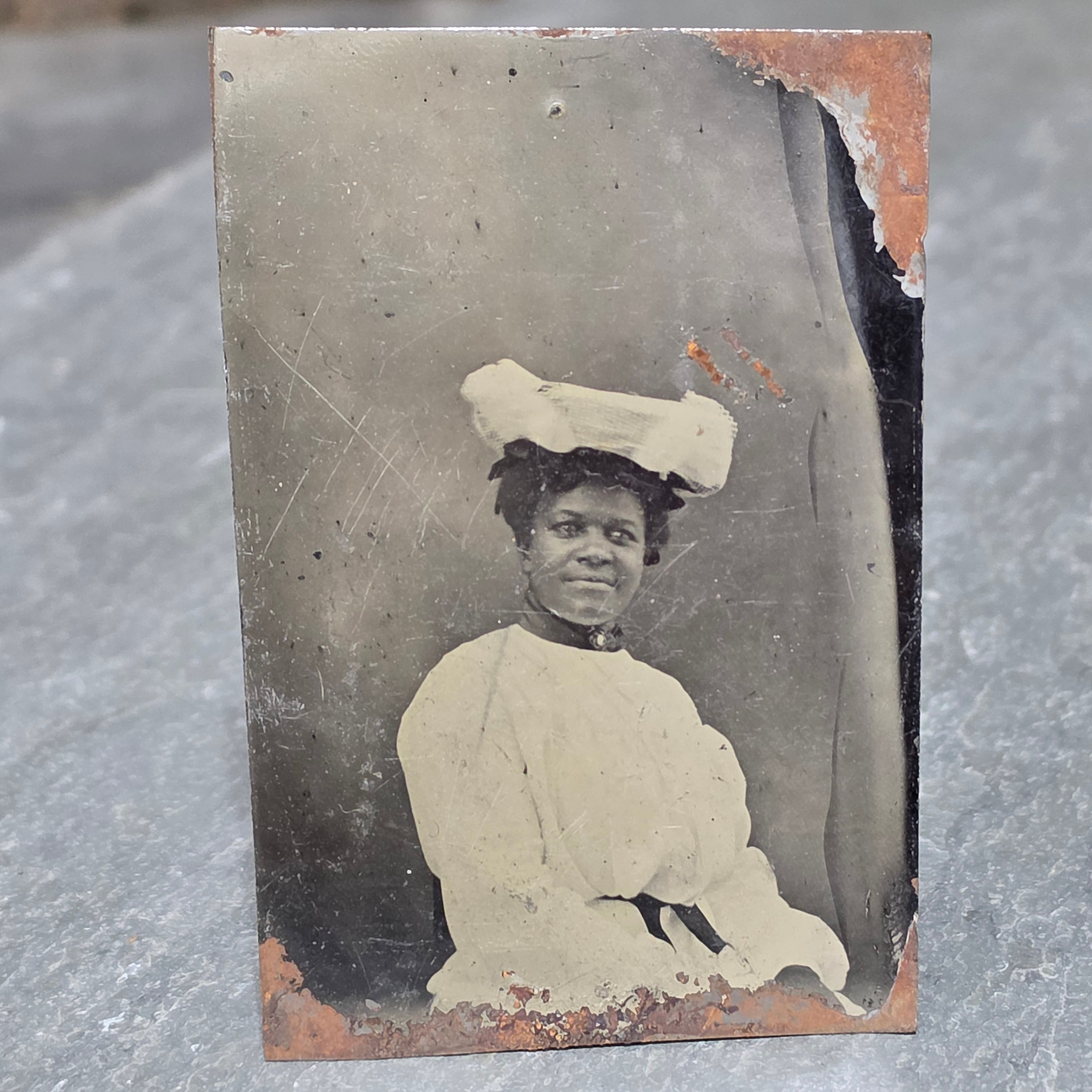Antique Victorian African American Woman Large Hat Tintype Photo Black History