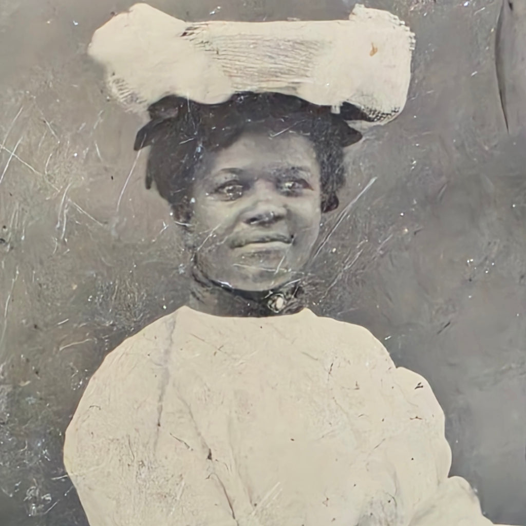 Antique Victorian African American Woman Large Hat Tintype Photo Black History