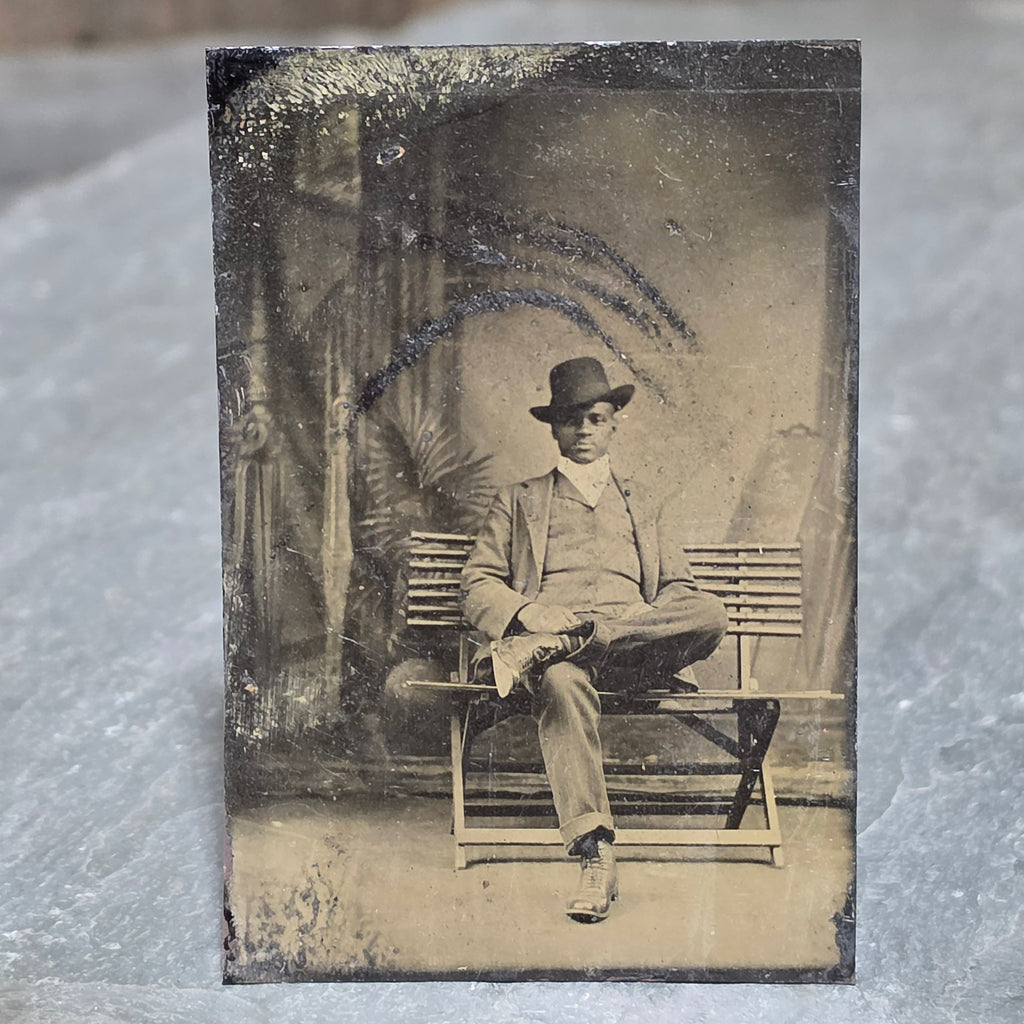 Antique African American Man Fedora on Folding Bench Tintype Photo Black History