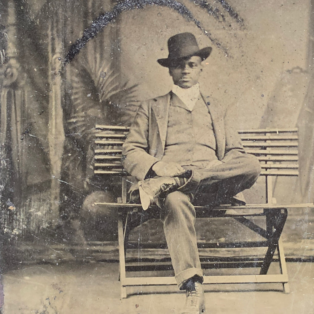 Antique African American Man Fedora on Folding Bench Tintype Photo Black History