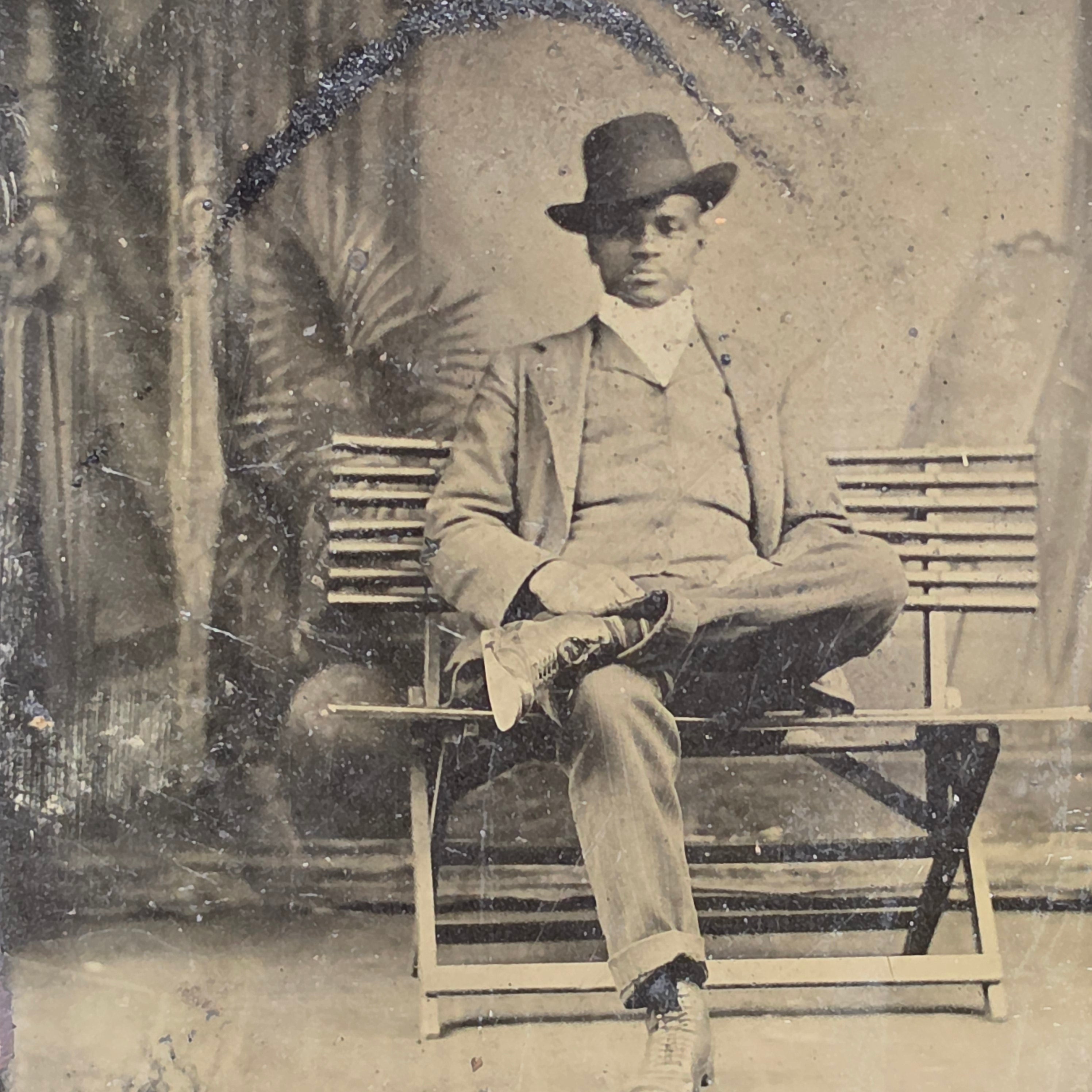 Antique African American Man Fedora on Folding Bench Tintype Photo Black History