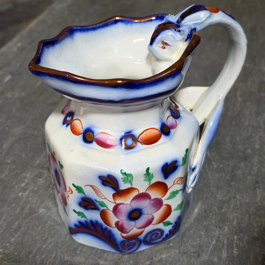 Antique Gaudy Welsh Ironstone Octagonal Hydra Jug Pitcher Dragon Handle Floral