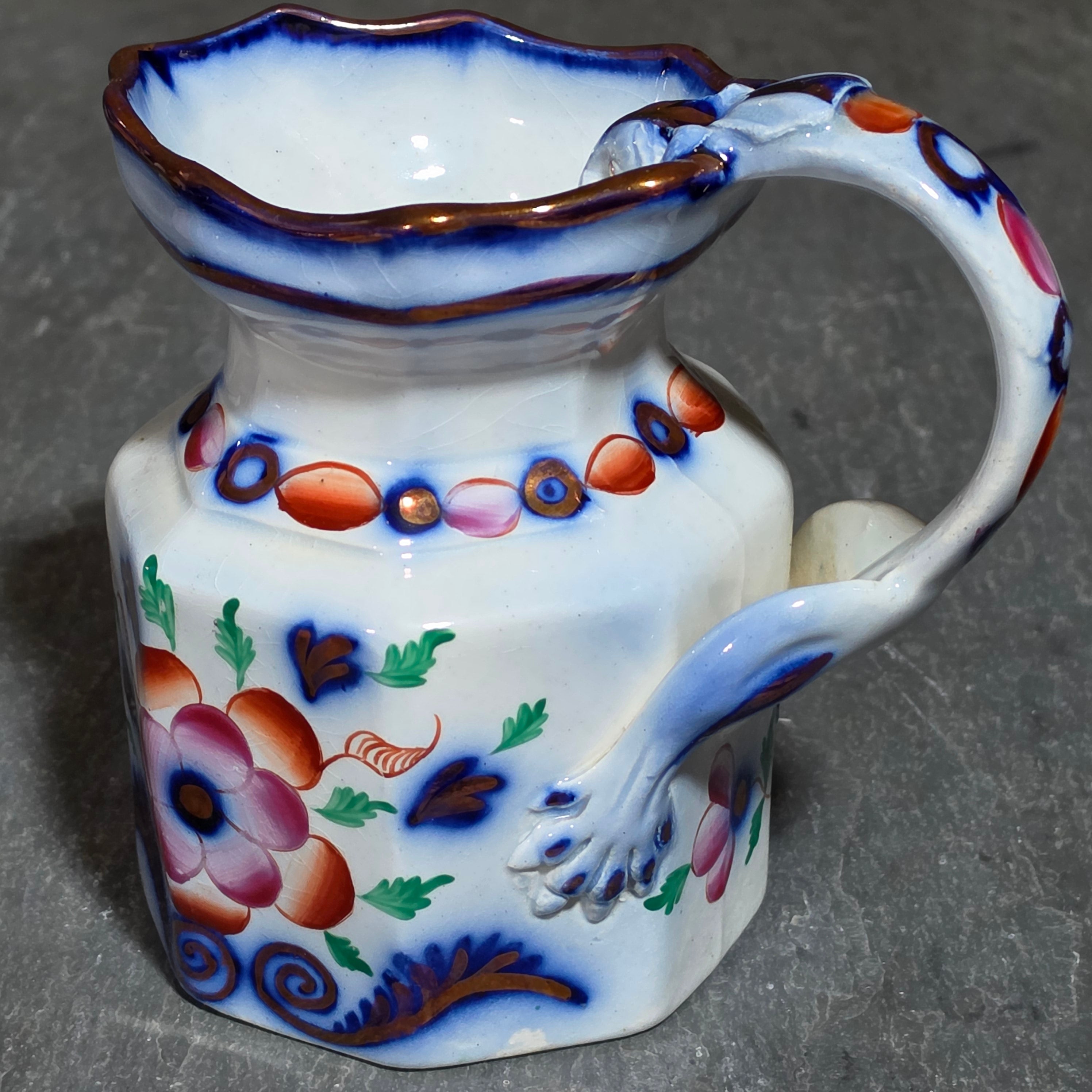 Antique Gaudy Welsh Ironstone Octagonal Hydra Jug Pitcher Dragon Handle Floral