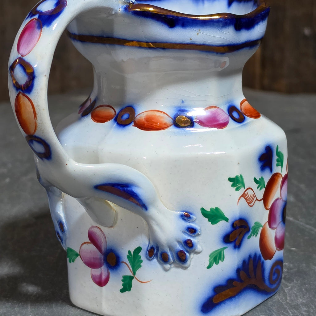 Antique Gaudy Welsh Ironstone Octagonal Hydra Jug Pitcher Dragon Handle Floral