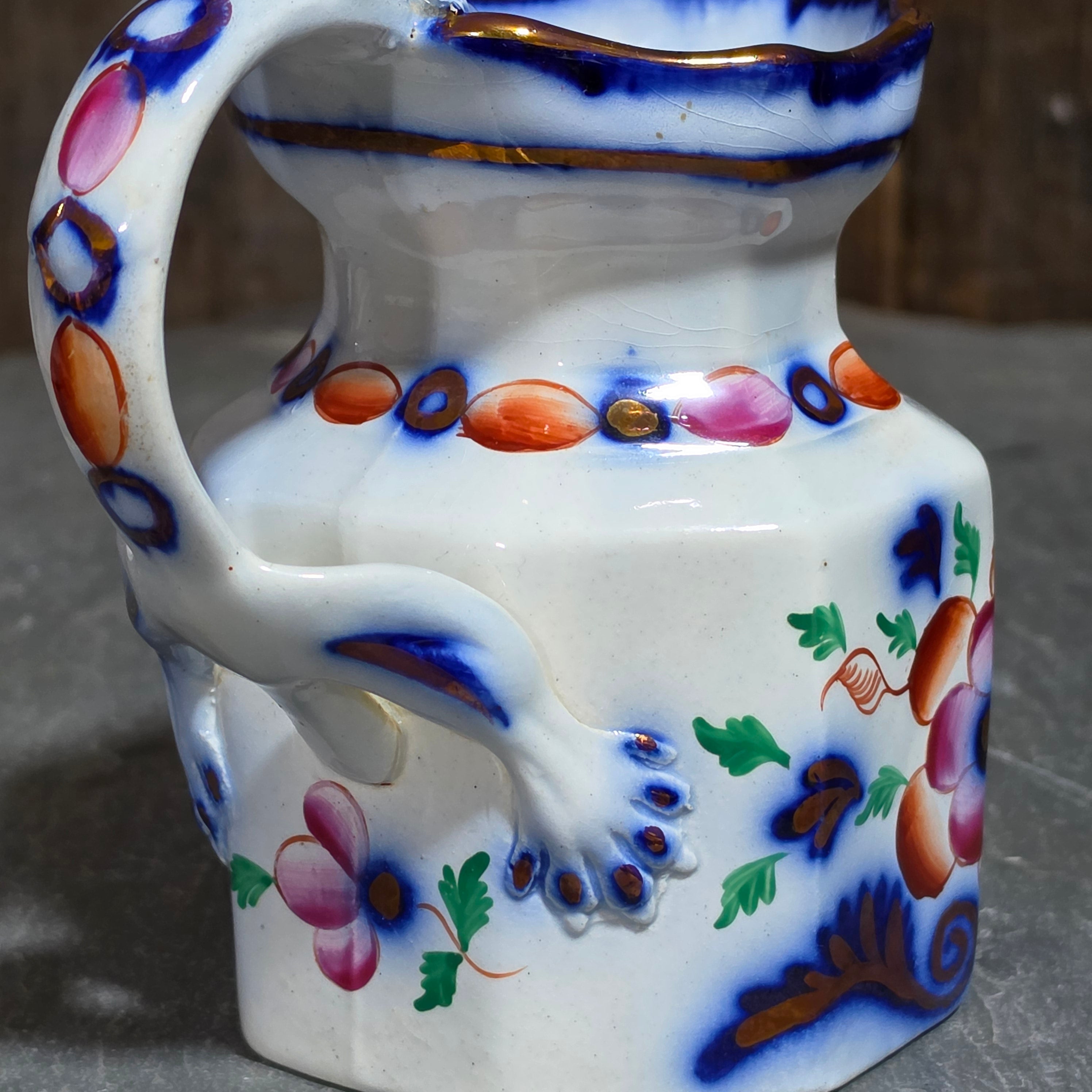 Antique Gaudy Welsh Ironstone Octagonal Hydra Jug Pitcher Dragon Handle Floral