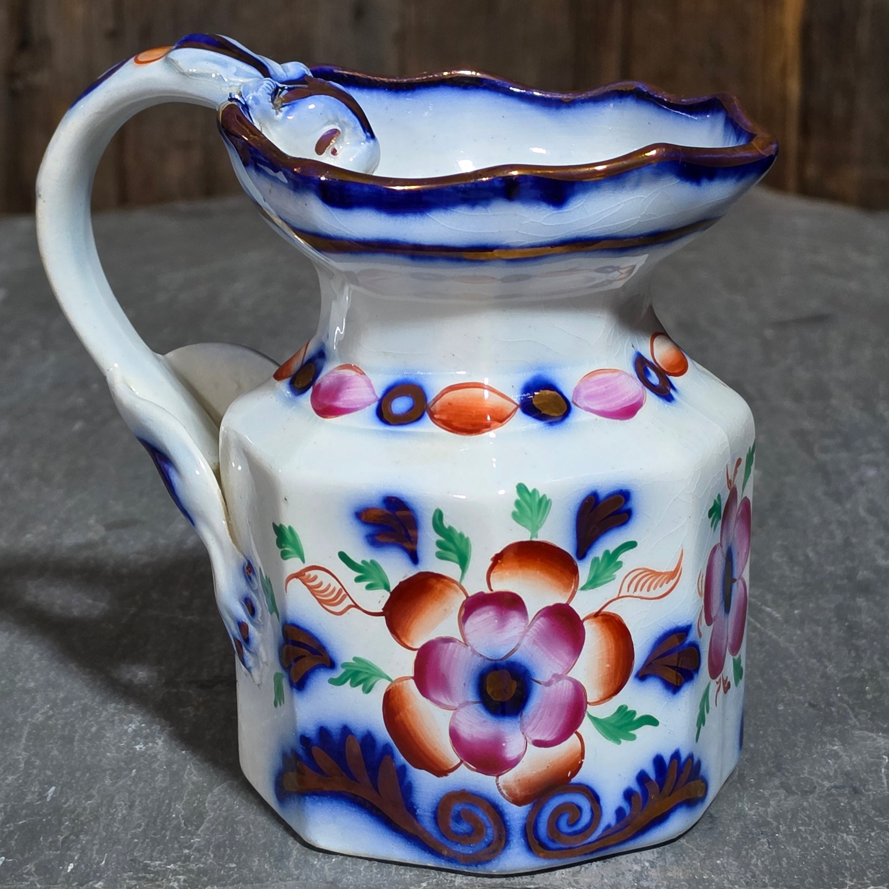Antique Gaudy Welsh Ironstone Octagonal Hydra Jug Pitcher Dragon Handle Floral