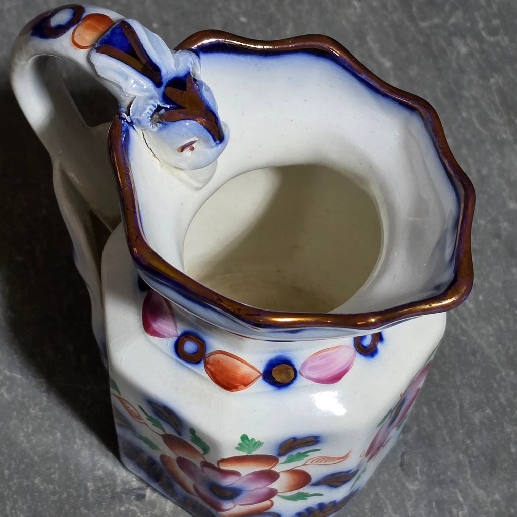 Antique Gaudy Welsh Ironstone Octagonal Hydra Jug Pitcher Dragon Handle Floral