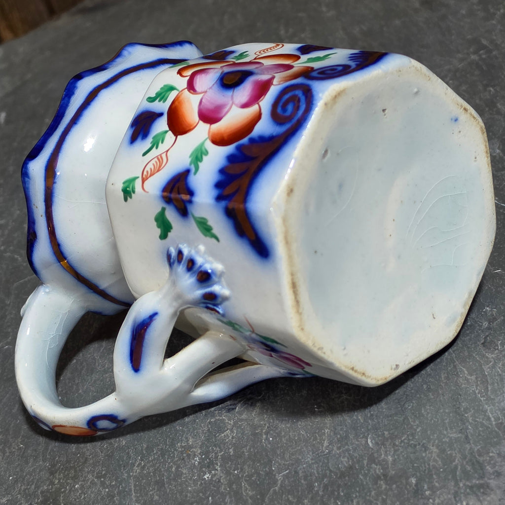 Antique Gaudy Welsh Ironstone Octagonal Hydra Jug Pitcher Dragon Handle Floral