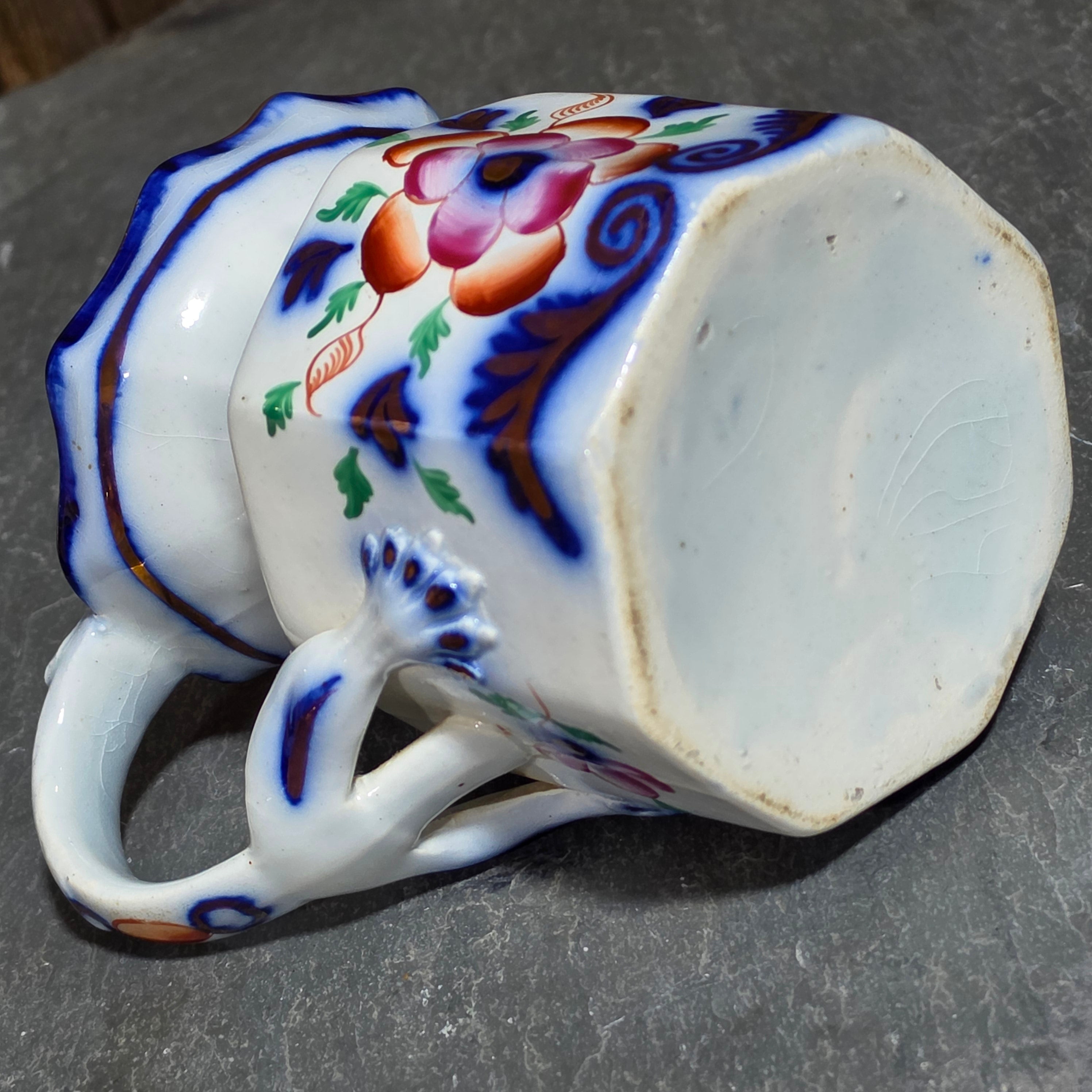 Antique Gaudy Welsh Ironstone Octagonal Hydra Jug Pitcher Dragon Handle Floral