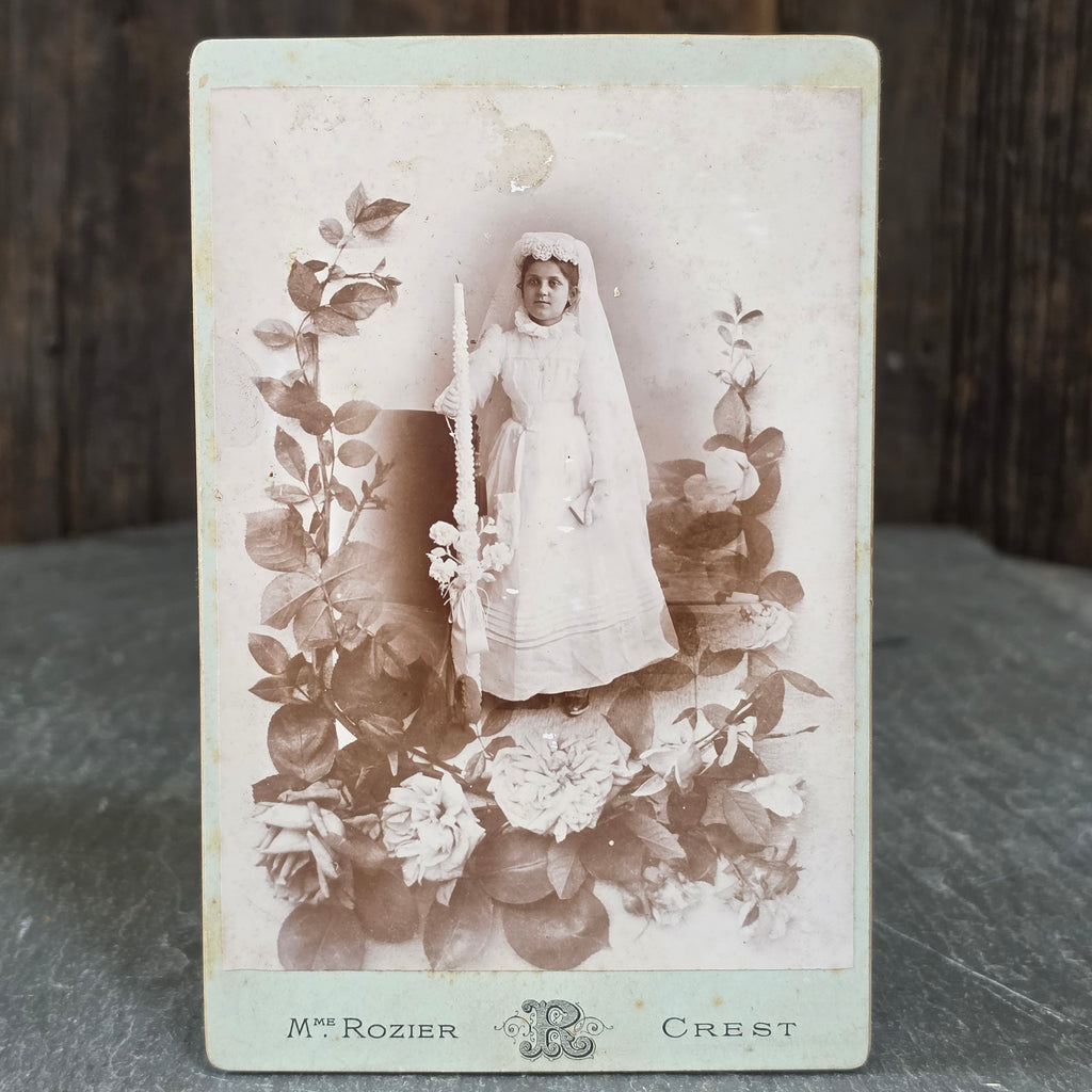 Antique Cabinet Card Photo Madame Rozier France Lilliputian Doll Size Girl Roses