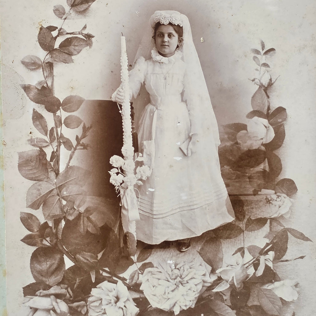 Antique Cabinet Card Photo Madame Rozier France Lilliputian Doll Size Girl Roses