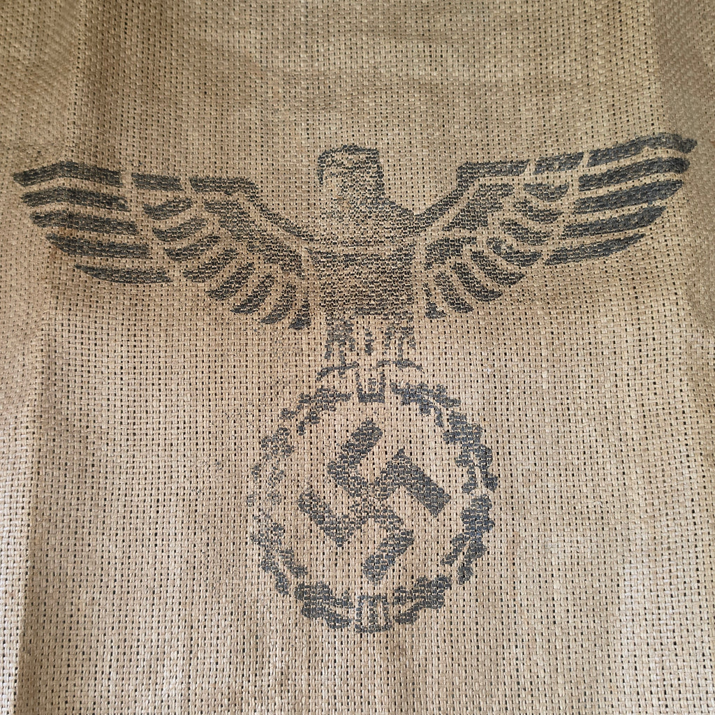 WW2 German Burlaw Sack Panel Stenciled Eagle Swastika Military Field Supply Jute Bag