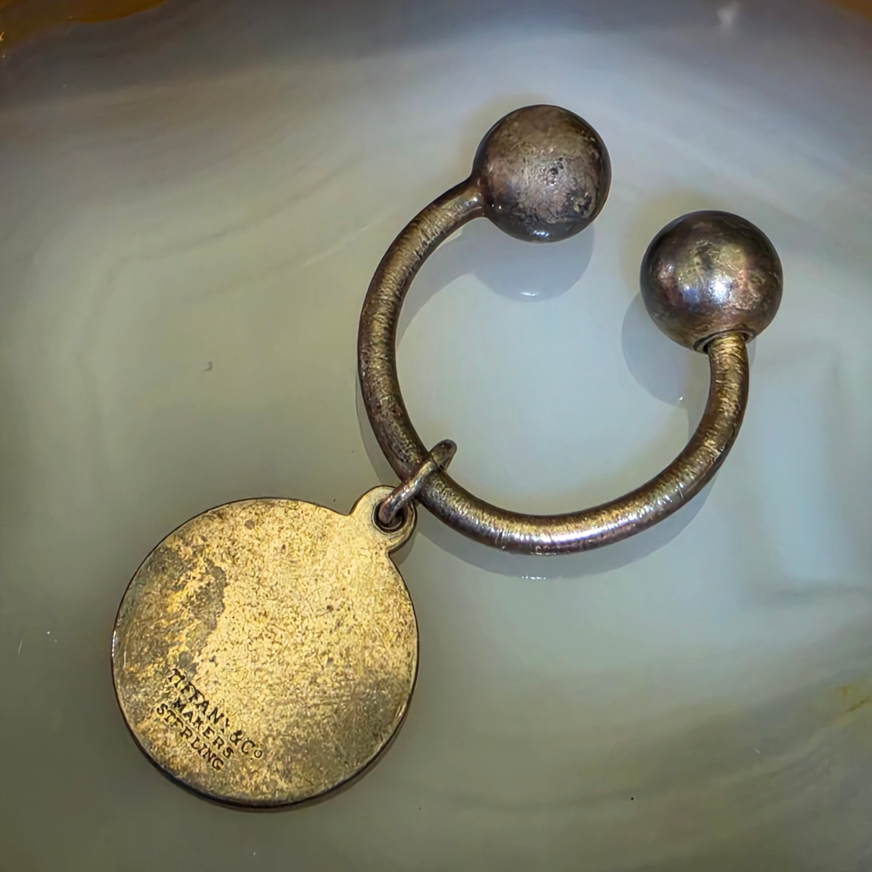 Vintage Tiffany & Co Sterling Silver Horseshoe Screw Ball Key Ring Round Charm