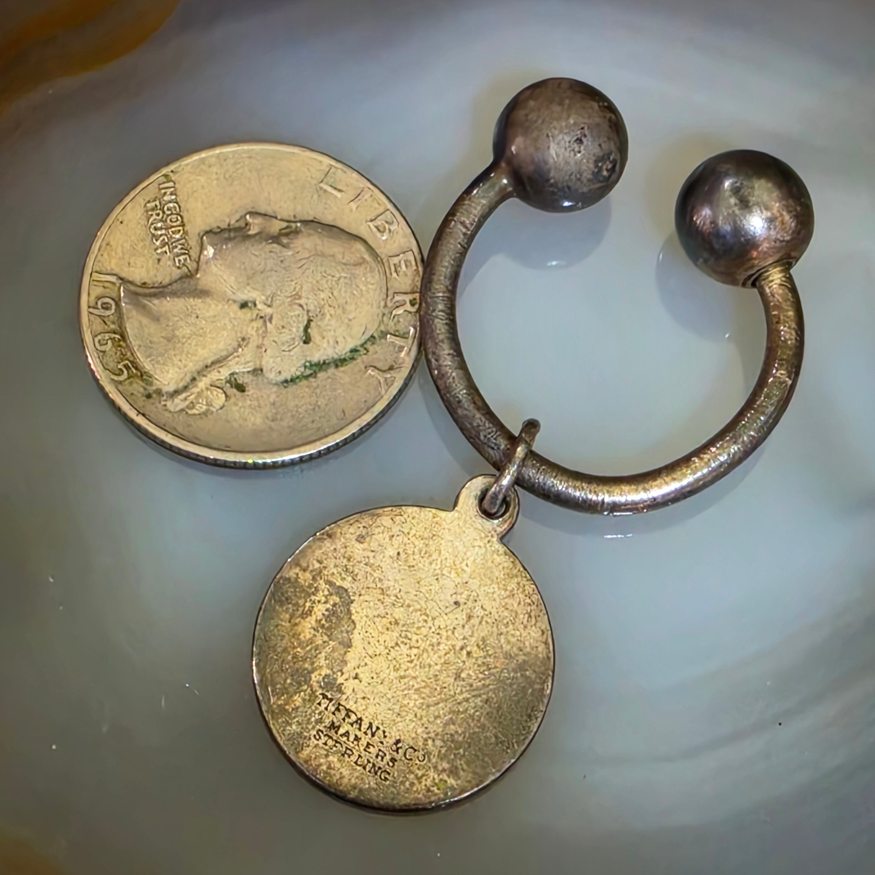 Vintage Tiffany & Co Sterling Silver Horseshoe Screw Ball Key Ring Round Charm