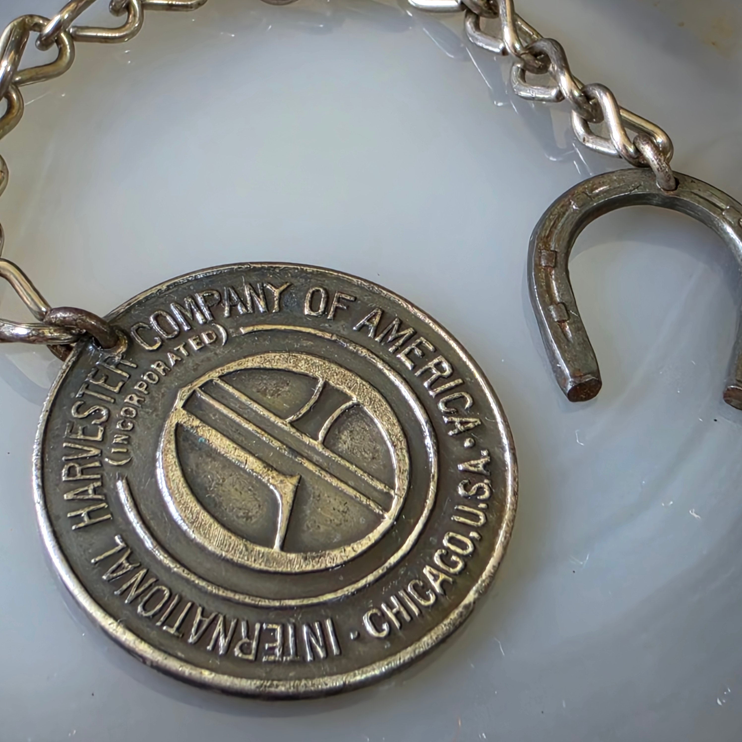 Antique IHC International Harvester Co Chicago Horseshoe Key Fob Chain Good Luck