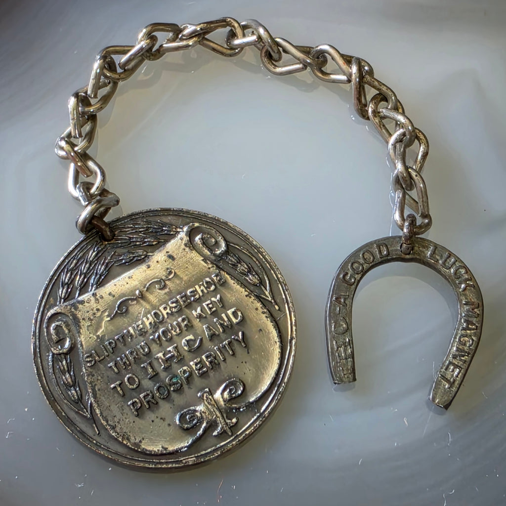 Antique IHC International Harvester Co Chicago Horseshoe Key Fob Chain Good Luck
