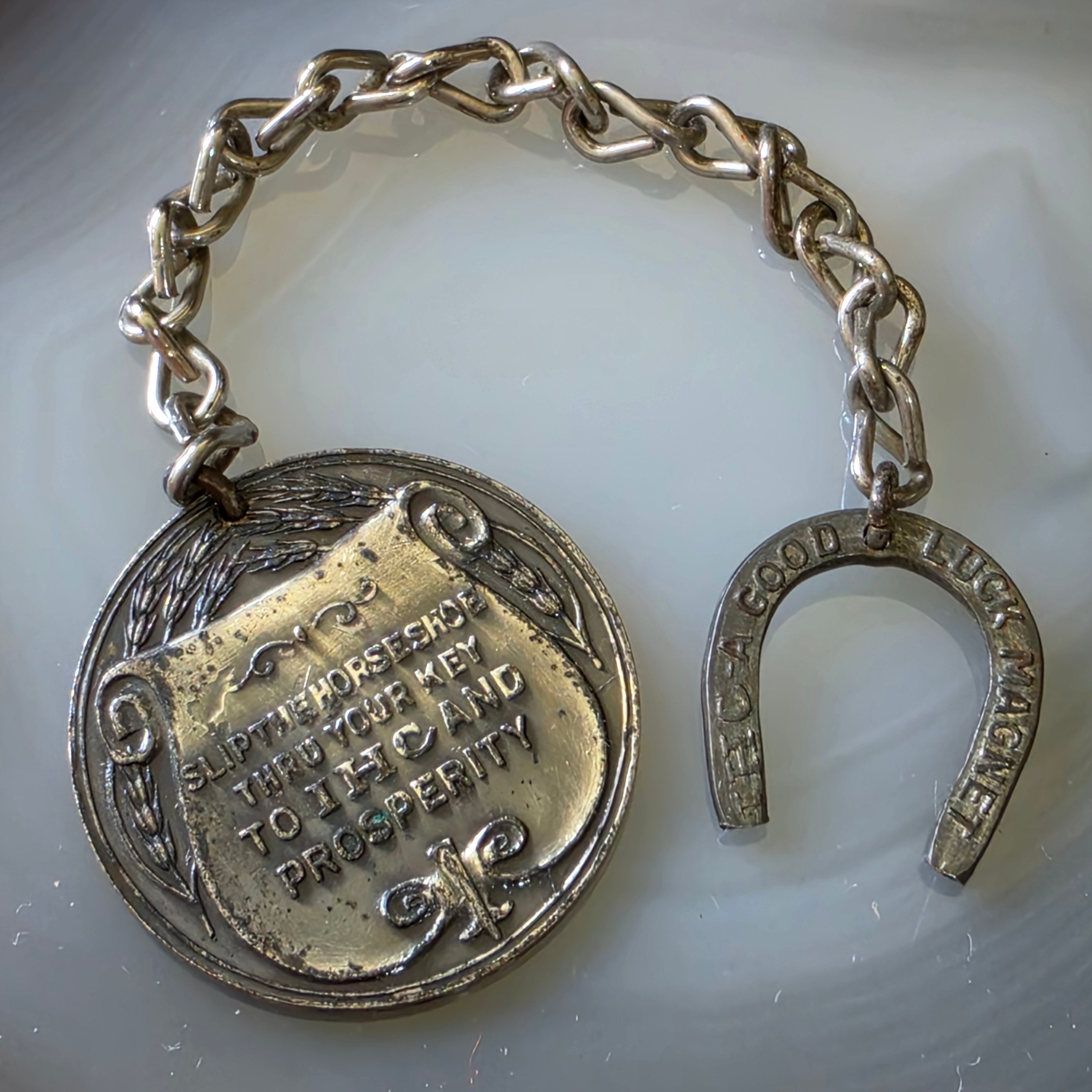 Antique IHC International Harvester Co Chicago Horseshoe Key Fob Chain Good Luck