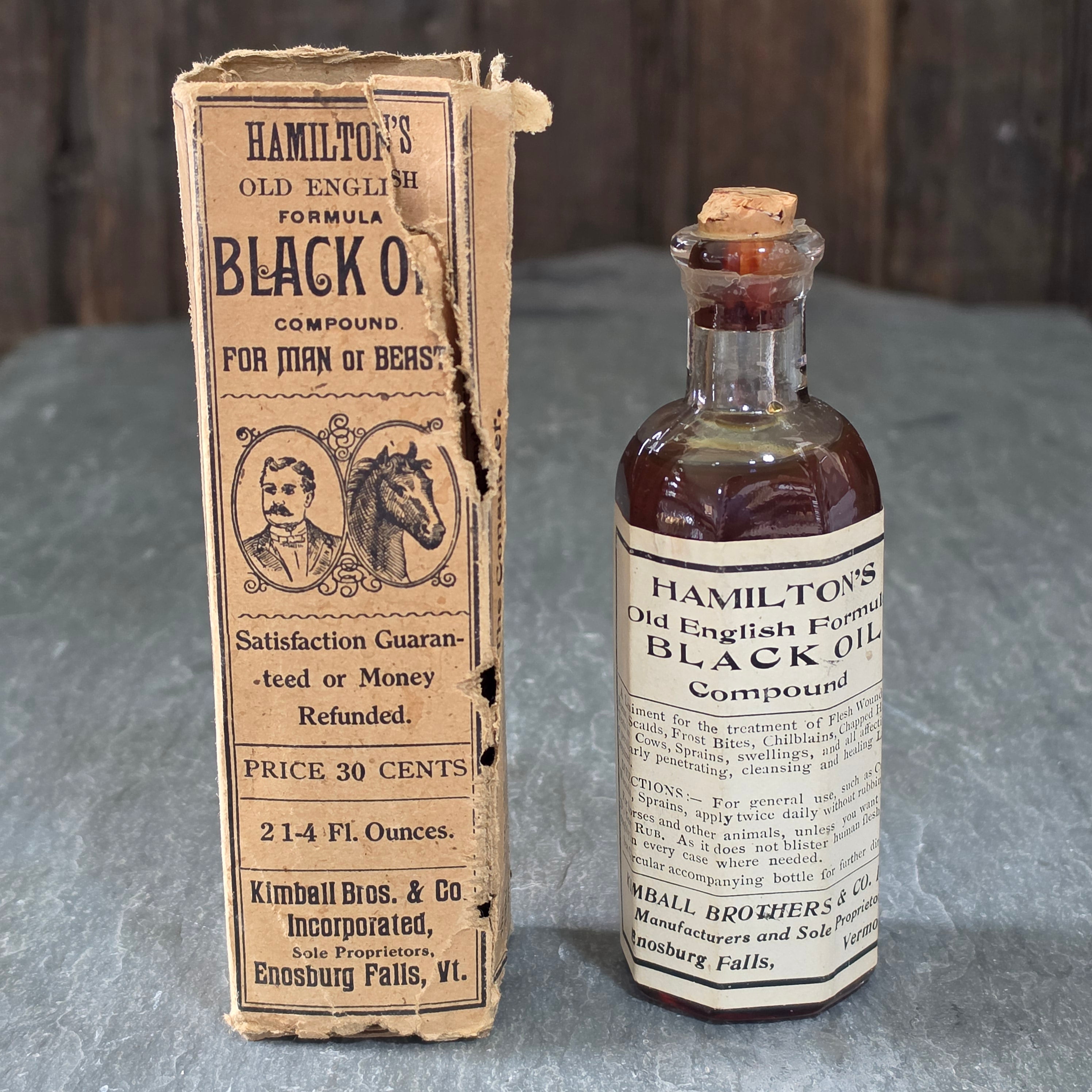 Antique Hamiltons Old English Black Oil Medicine Bottle Kimball Bros Vermont Box