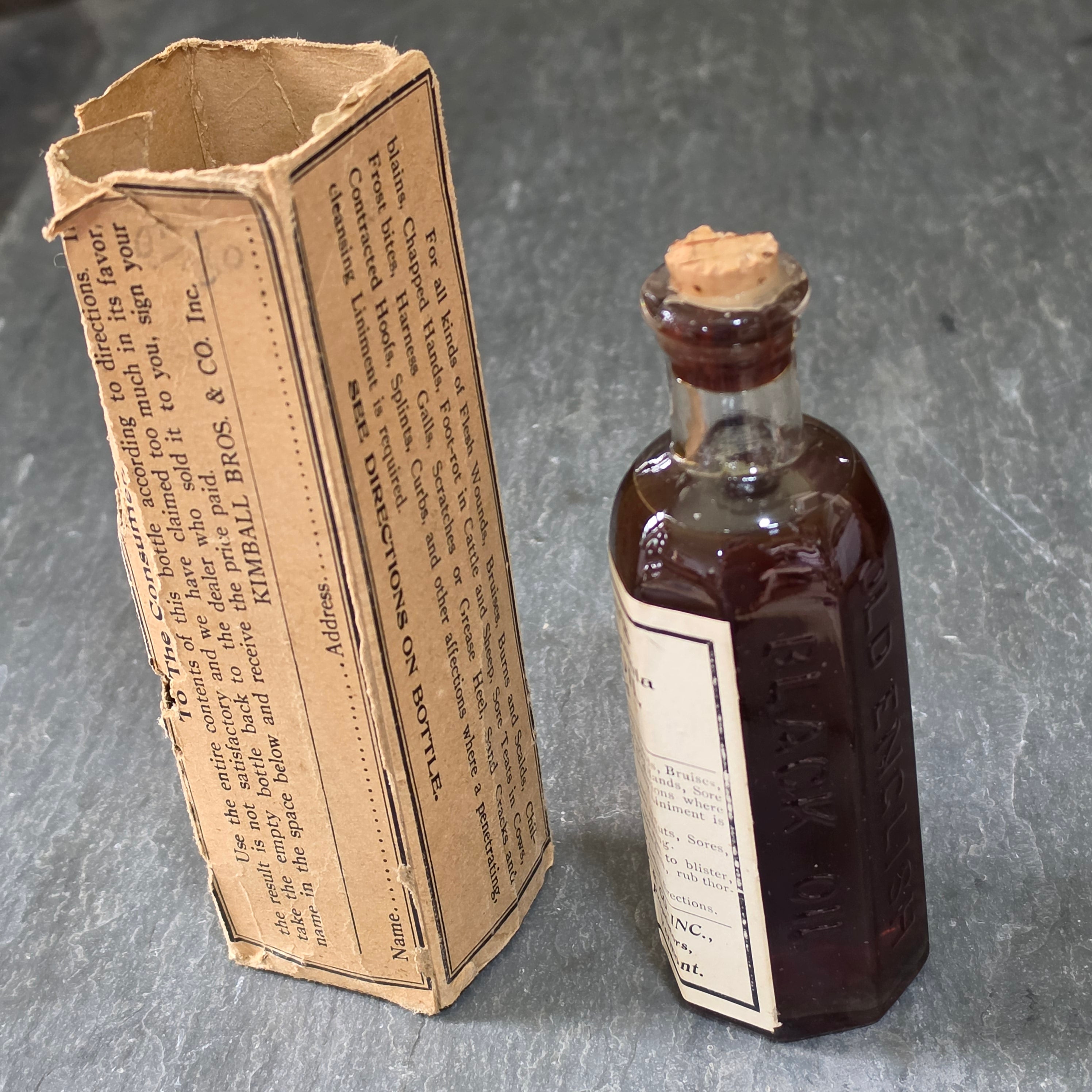 Antique Hamiltons Old English Black Oil Medicine Bottle Kimball Bros Vermont Box