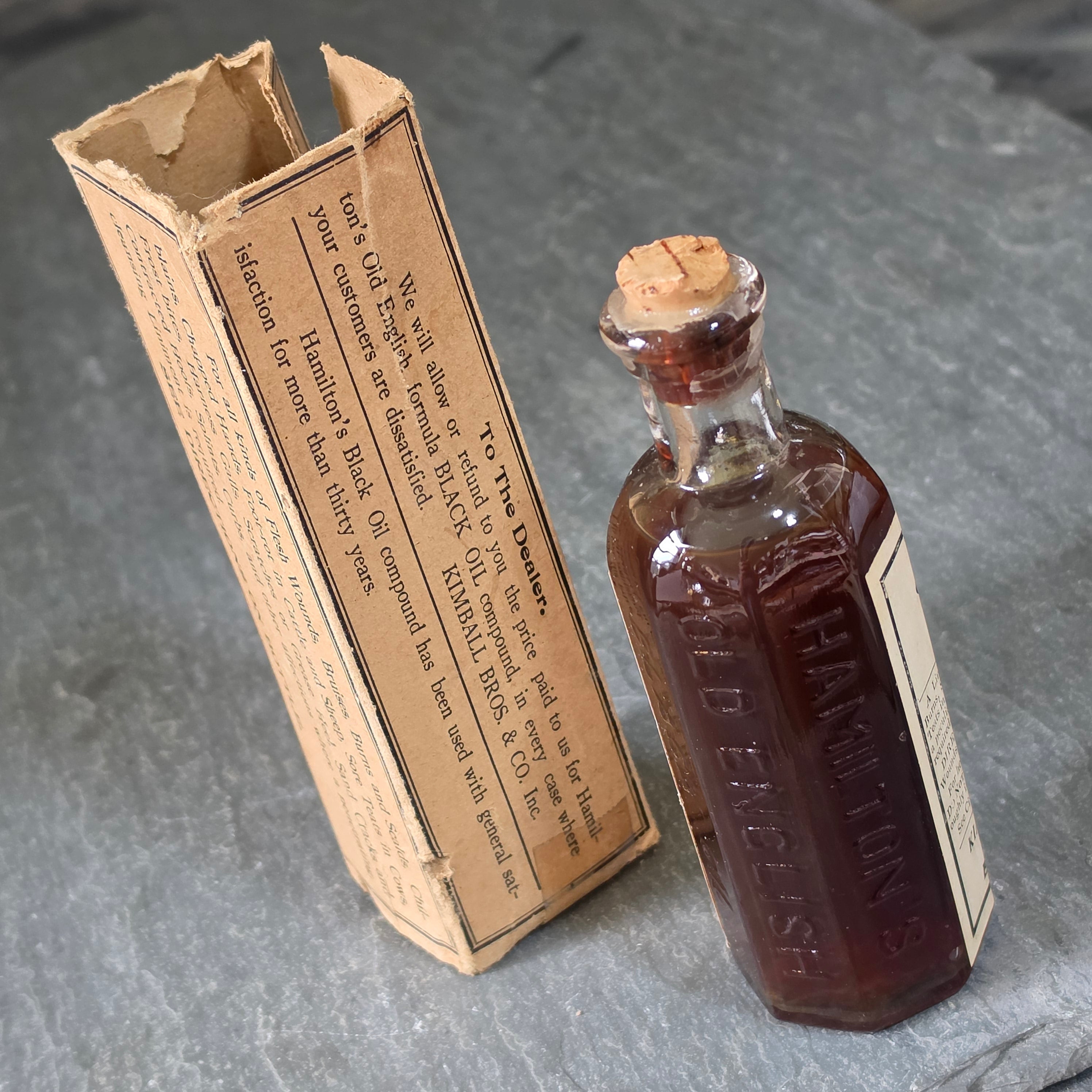 Antique Hamiltons Old English Black Oil Medicine Bottle Kimball Bros Vermont Box