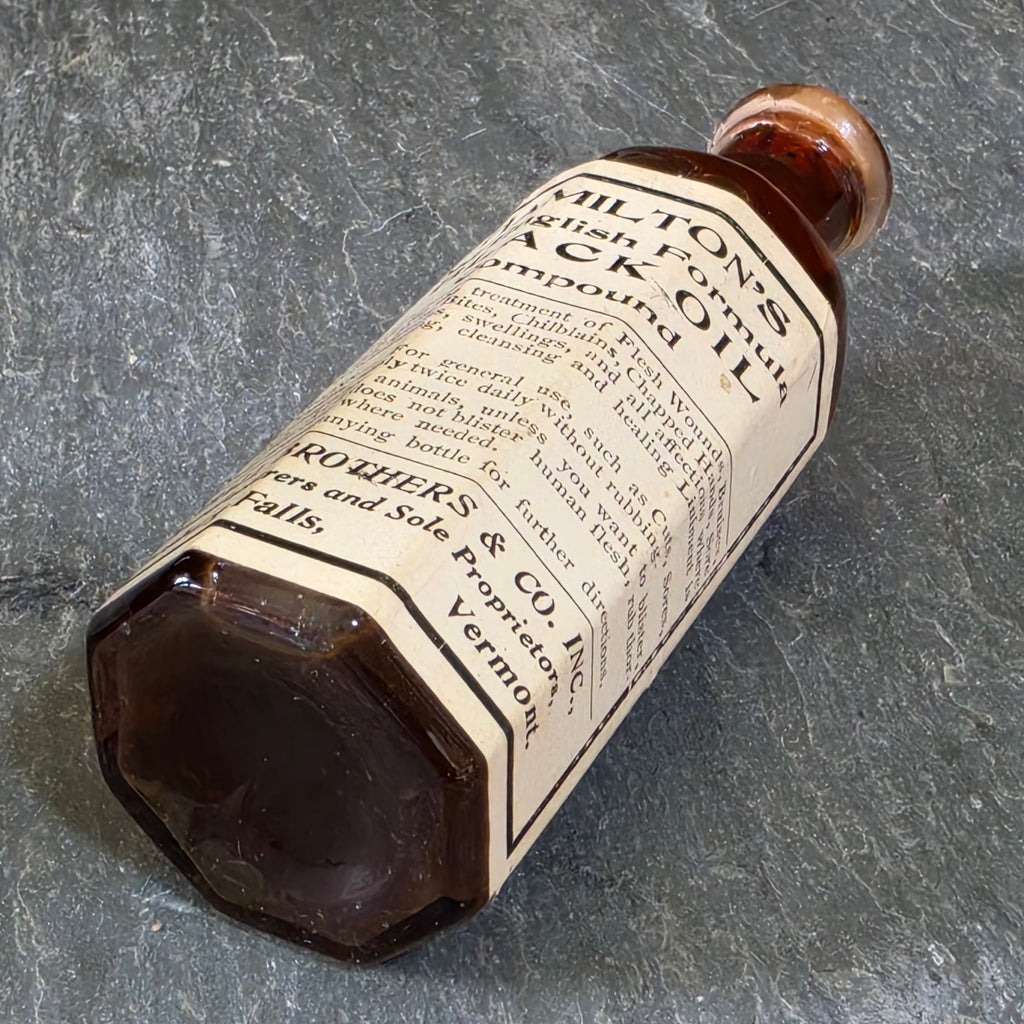 Antique Hamiltons Old English Black Oil Medicine Bottle Kimball Bros Vermont Box