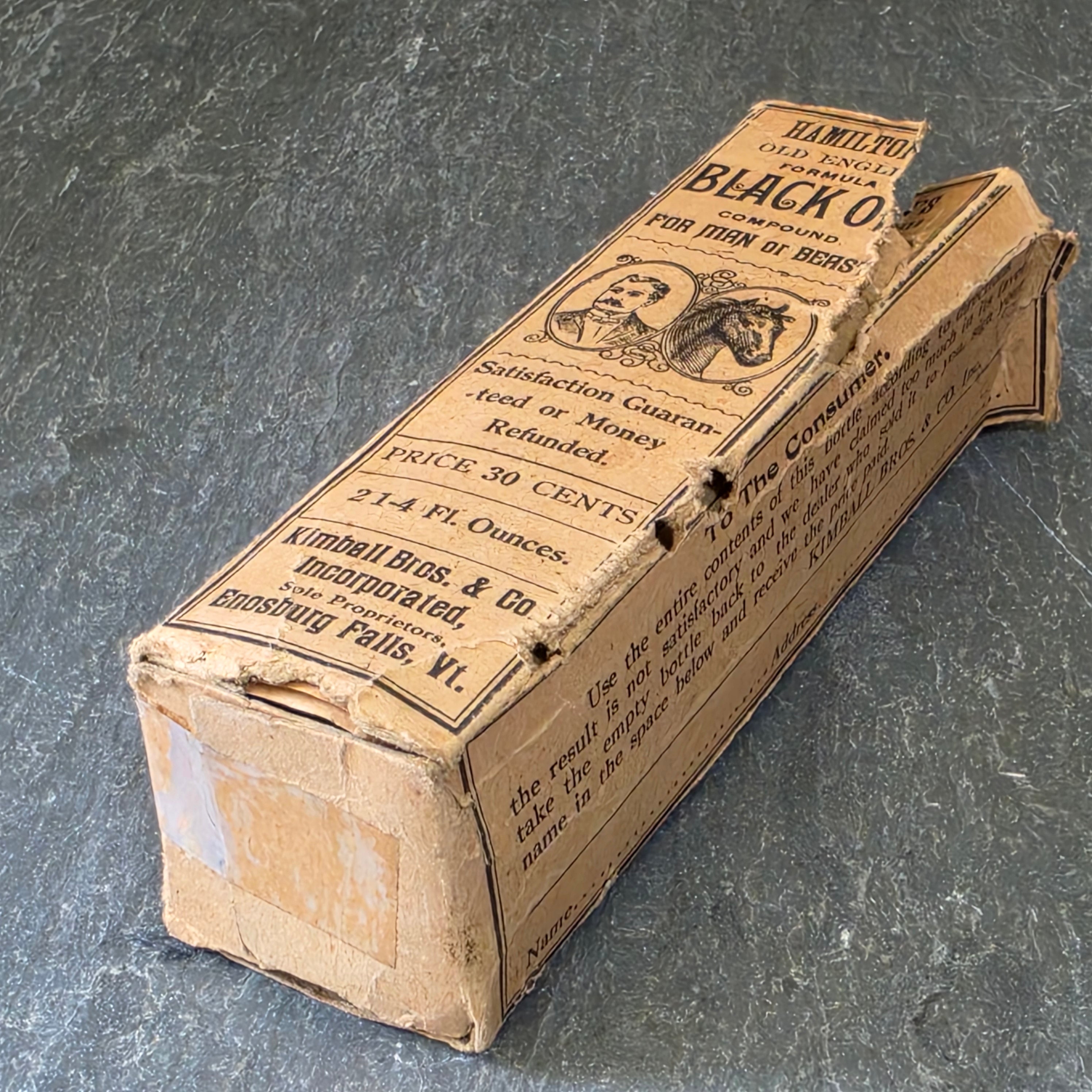 Antique Hamiltons Old English Black Oil Medicine Bottle Kimball Bros Vermont Box