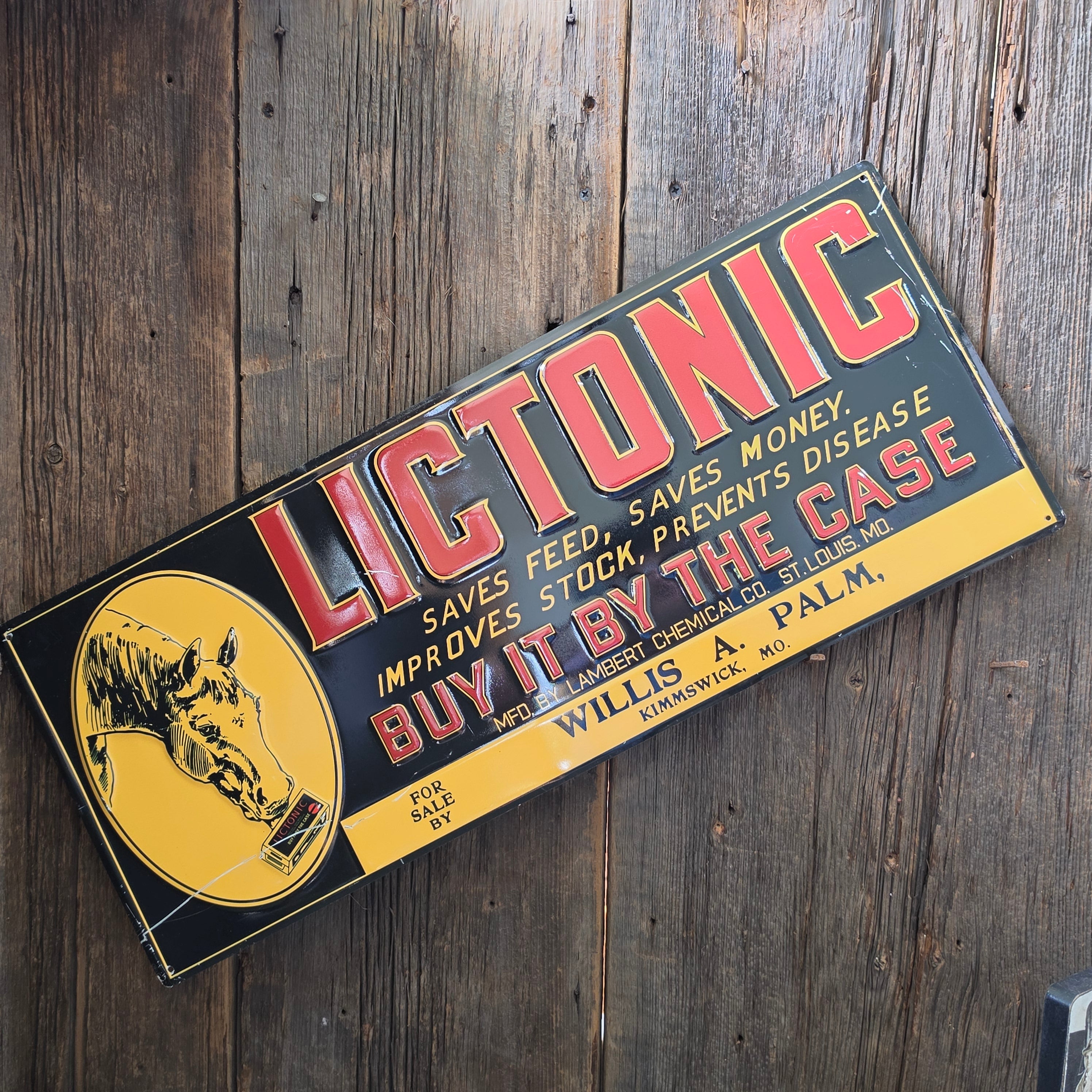 Antique Lictonic Stock Tonic Embossed Tin Sign Horse Medicine Palm Kimmswick, MO