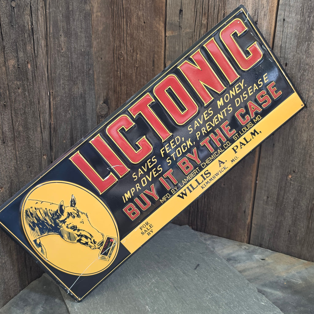 Antique Lictonic Stock Tonic Embossed Tin Sign Horse Medicine Palm Kimmswick, MO