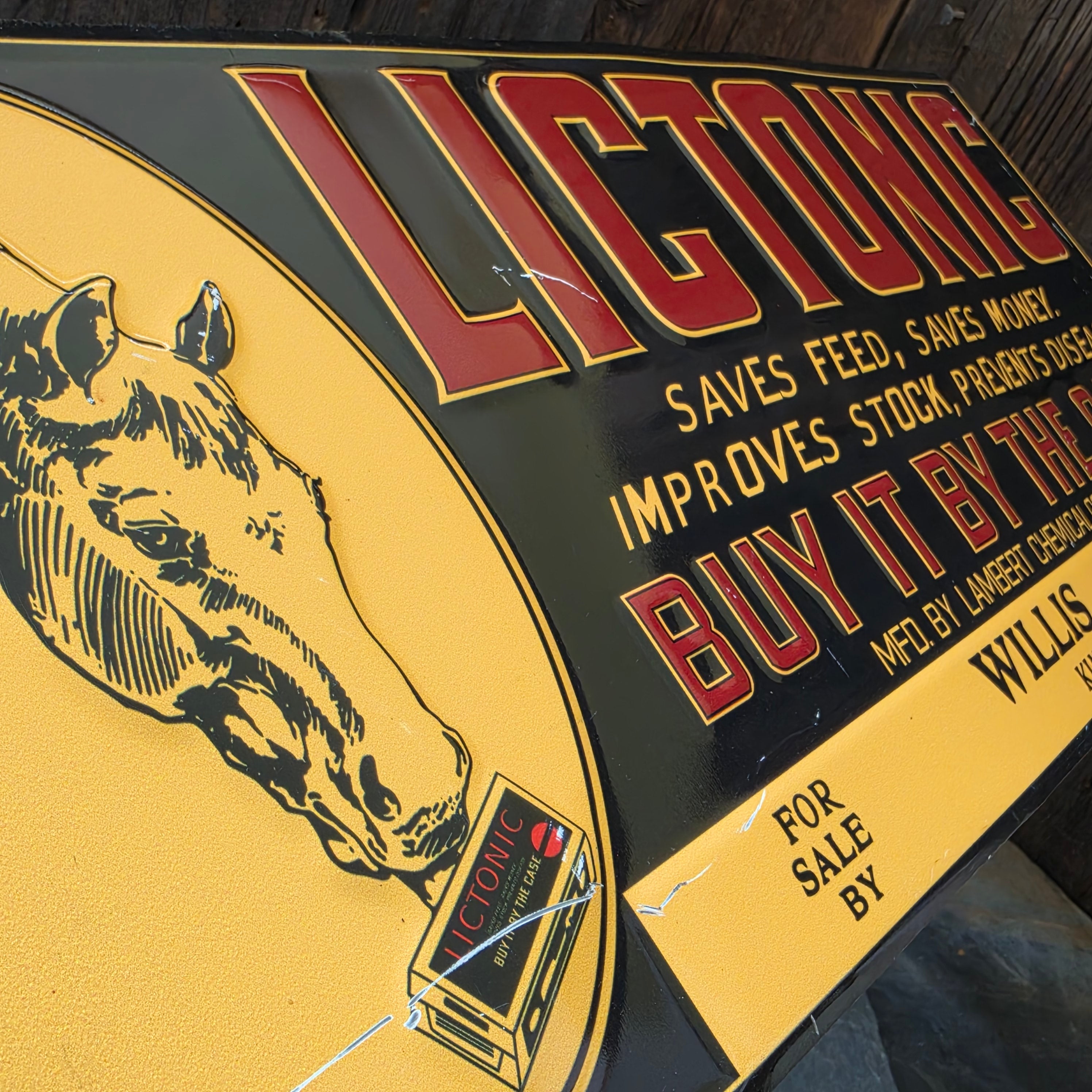 Antique Lictonic Stock Tonic Embossed Tin Sign Horse Medicine Palm Kimmswick, MO
