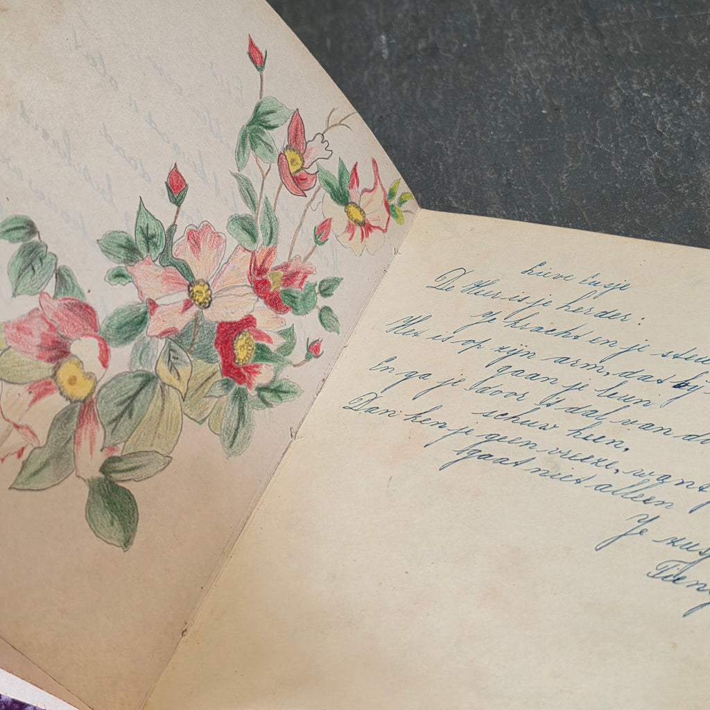 Vintage 1940s Dutch Batavia Indonesia Autograph Album Poesiealbum Art Drawings