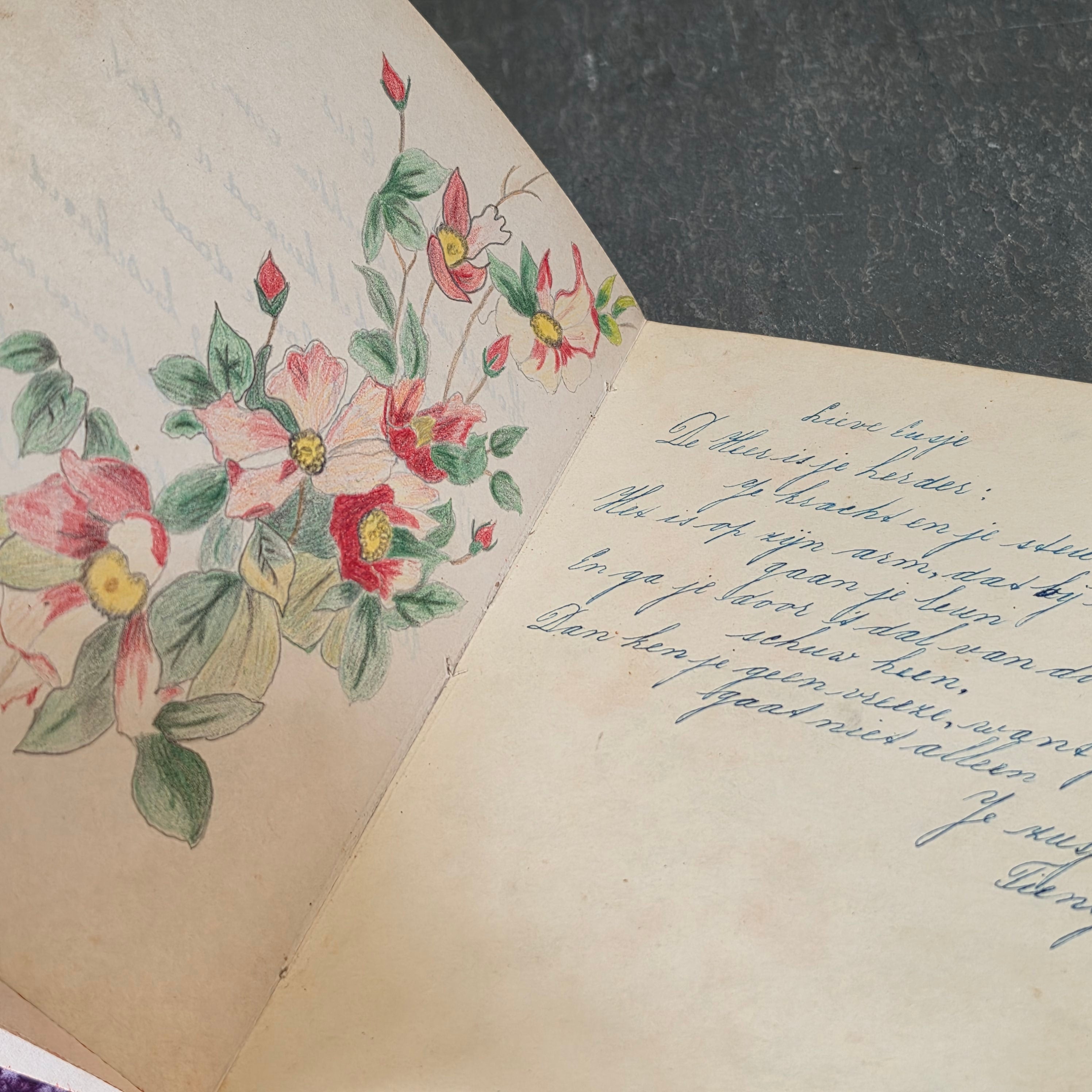 Vintage 1940s Dutch Batavia Indonesia Autograph Album Poesiealbum Art Drawings