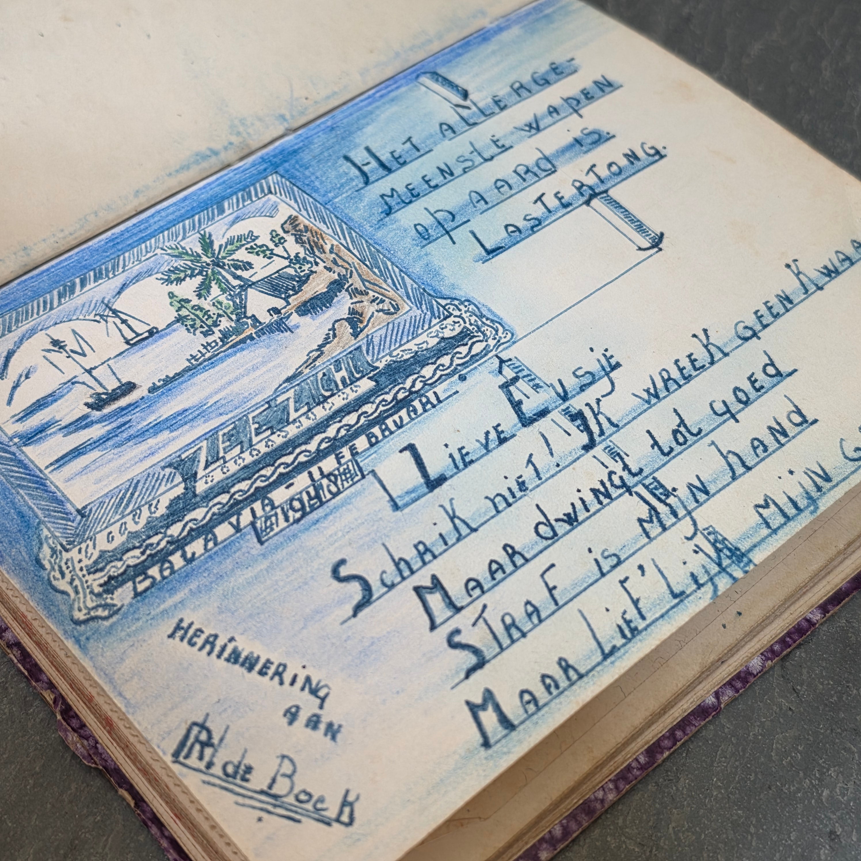 Vintage 1940s Dutch Batavia Indonesia Autograph Album Poesiealbum Art Drawings