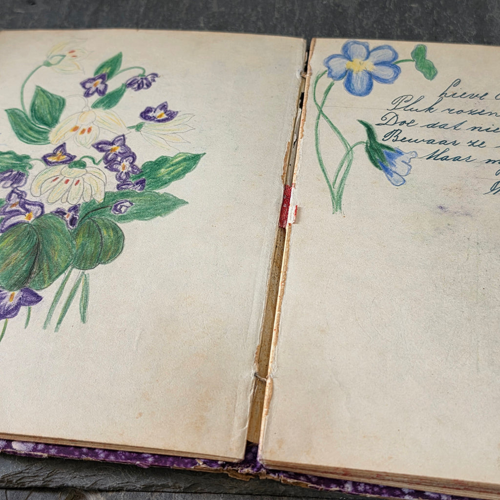 Vintage 1940s Dutch Batavia Indonesia Autograph Album Poesiealbum Art Drawings