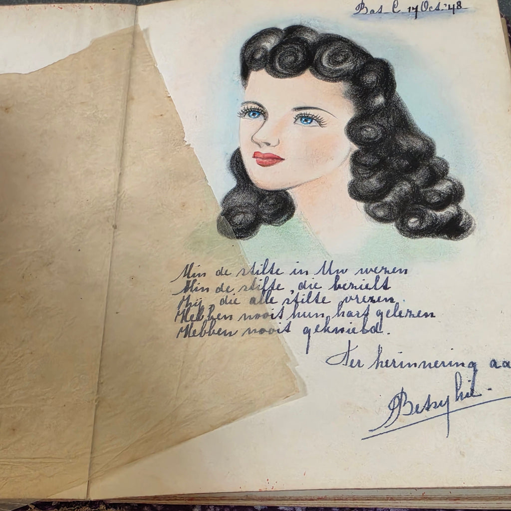 Vintage 1940s Dutch Batavia Indonesia Autograph Album Poesiealbum Art Drawings