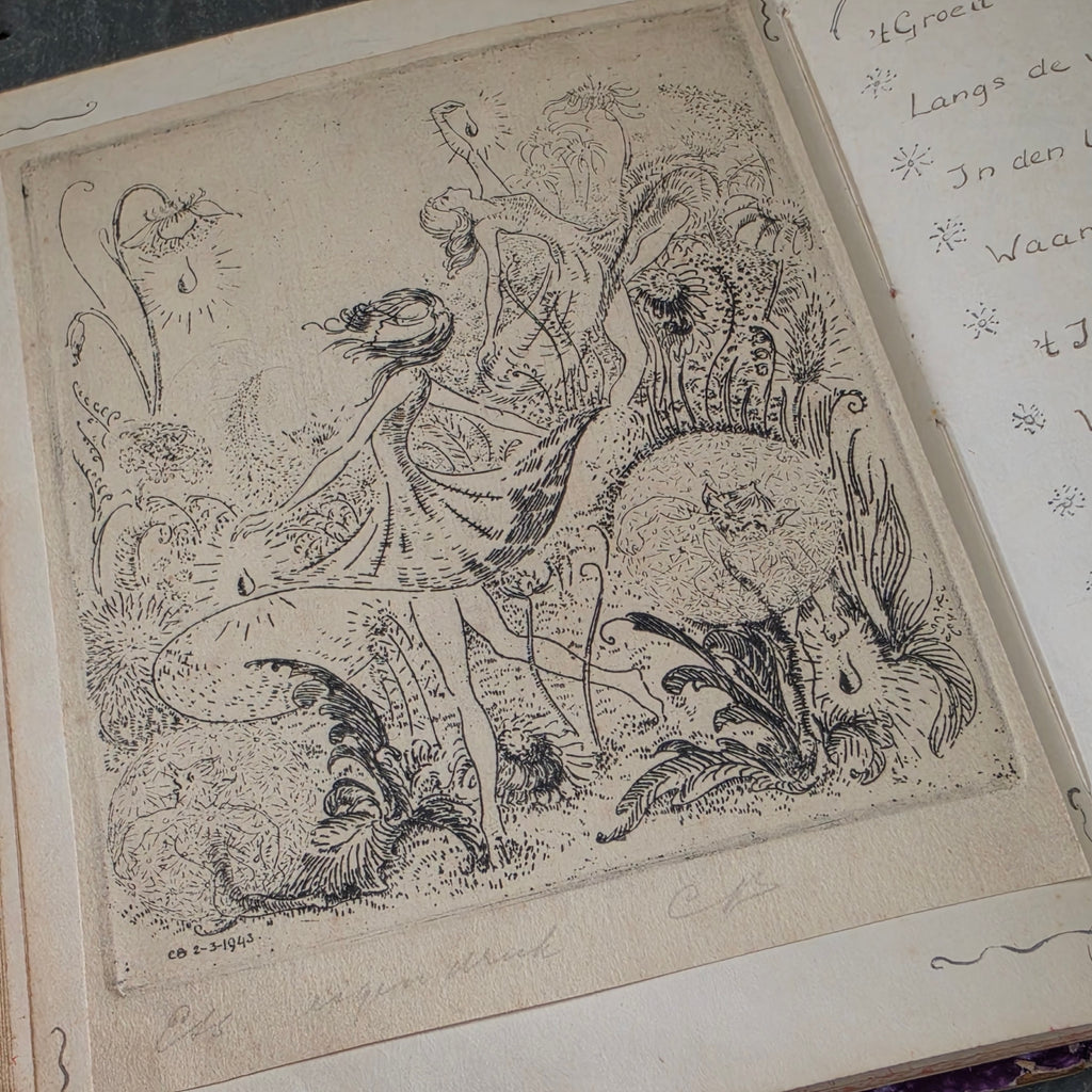 Vintage 1940s Dutch Batavia Indonesia Autograph Album Poesiealbum Art Drawings