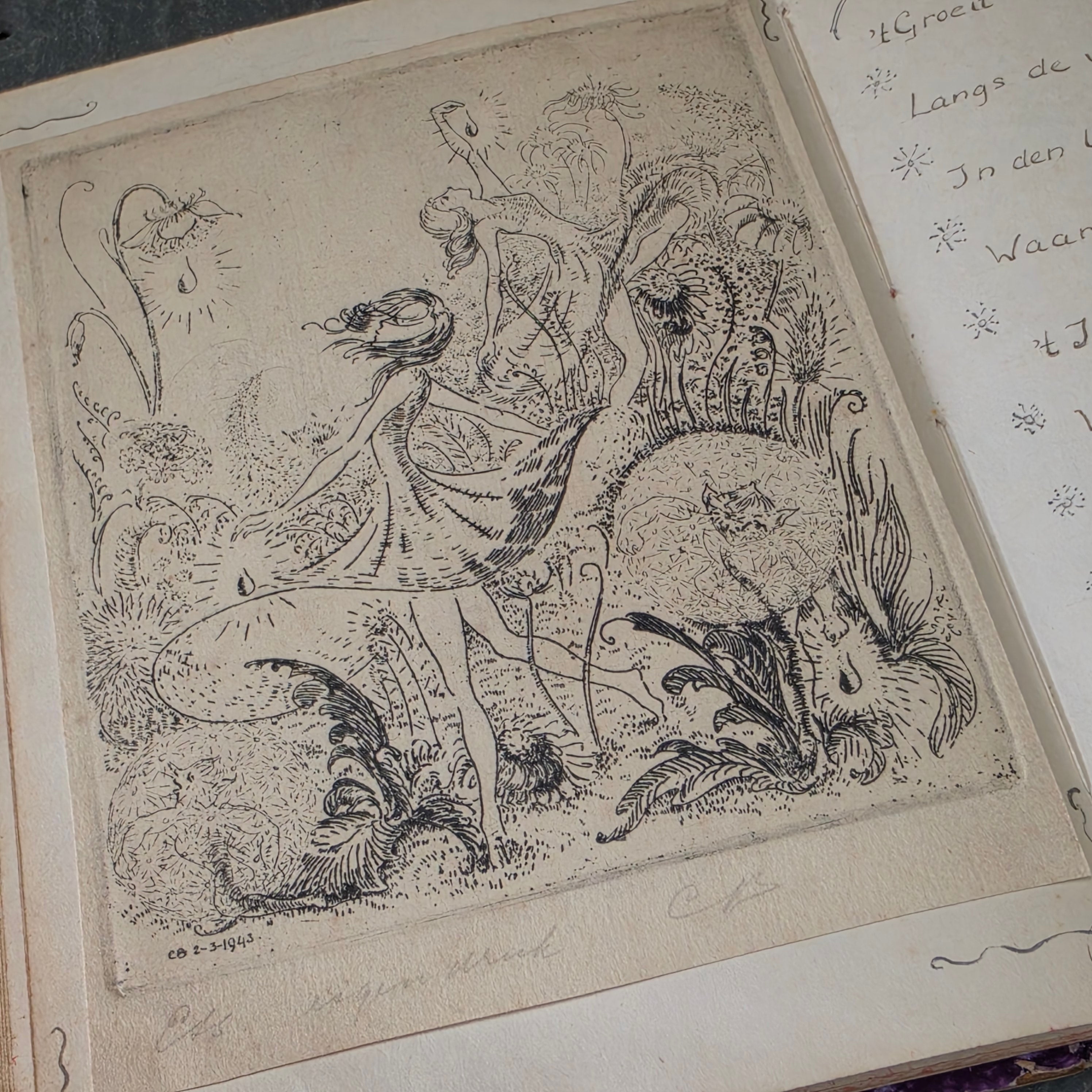 Vintage 1940s Dutch Batavia Indonesia Autograph Album Poesiealbum Art Drawings
