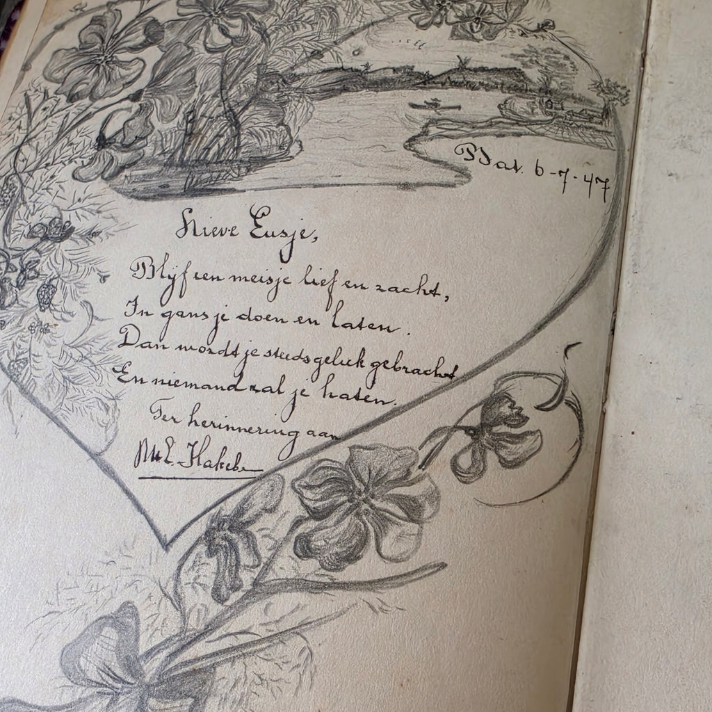 Vintage 1940s Dutch Batavia Indonesia Autograph Album Poesiealbum Art Drawings