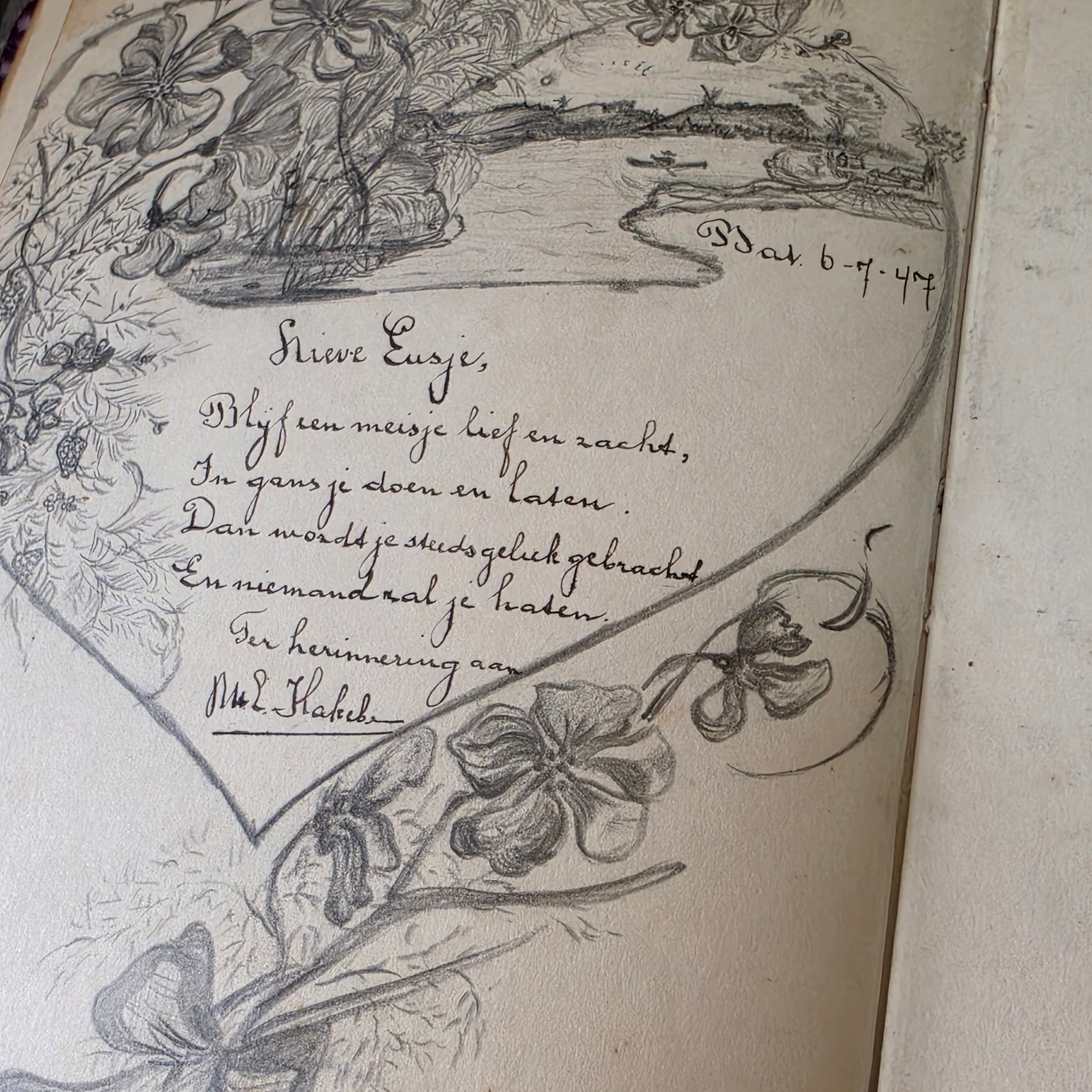 Vintage 1940s Dutch Batavia Indonesia Autograph Album Poesiealbum Art Drawings
